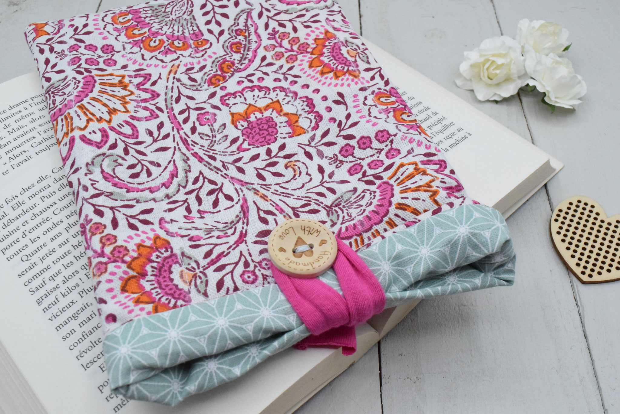 Housse livre de poche tissu Indien rose fuchsia