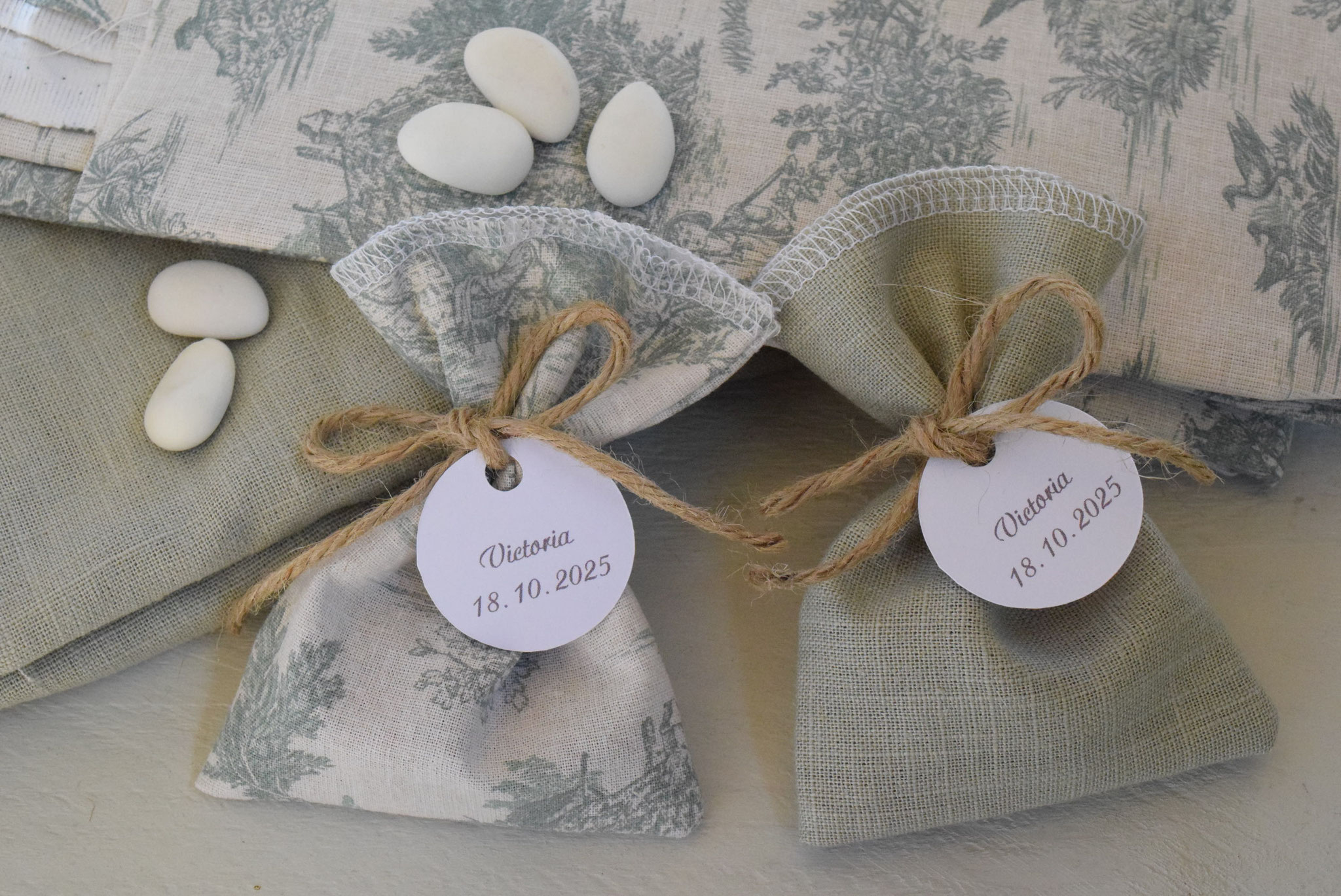Sachet dragées toile de jouy vert ficelle jute Ou Sachet lin vert uni