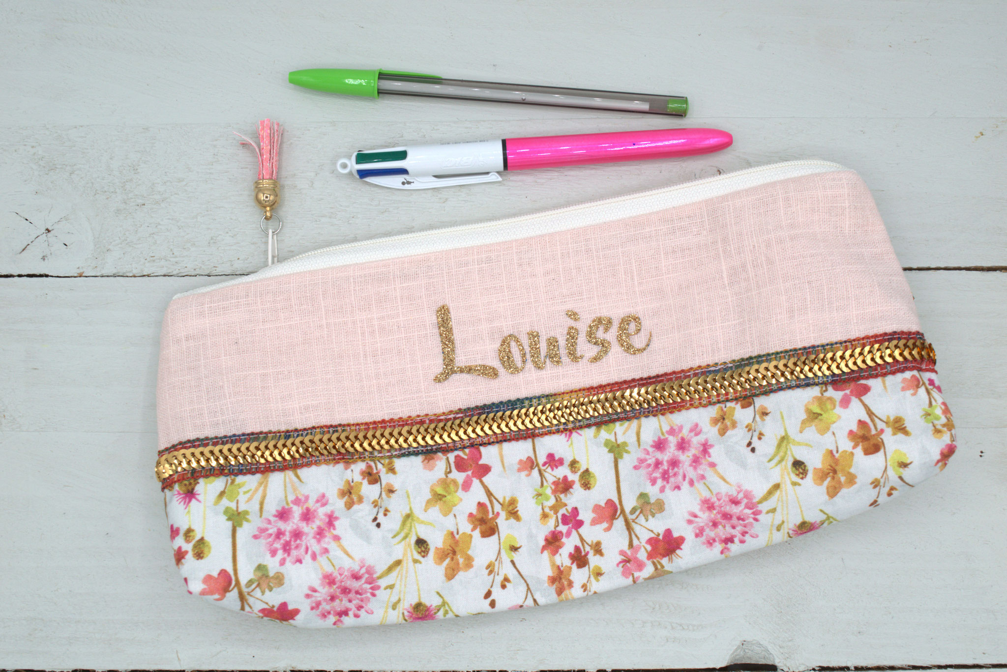 Trousse école fleurs & lin rose poudré à personnaliser avec prénom fille