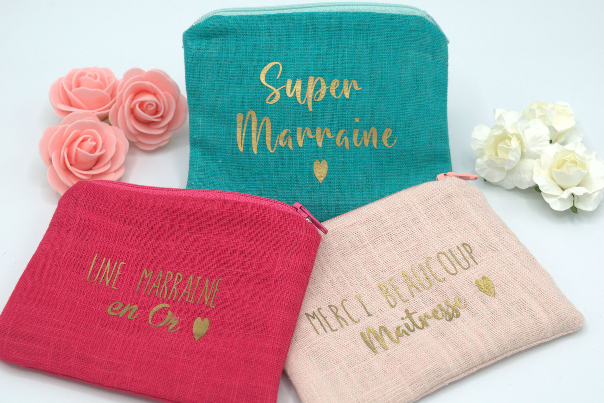 porte monnaie lin personnalisé texte au choix cadeau marraine témoin mariage evjf