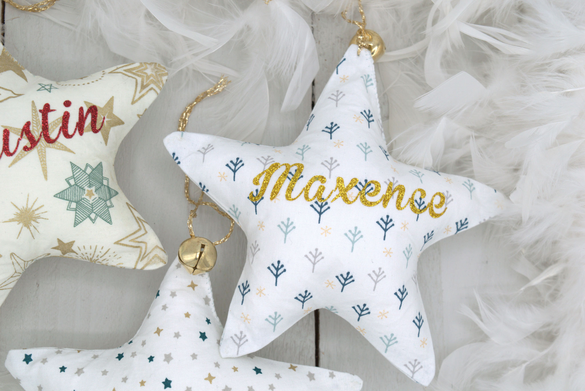 Etoile Noël prénom tissu blanc et étoile bleu & grelot