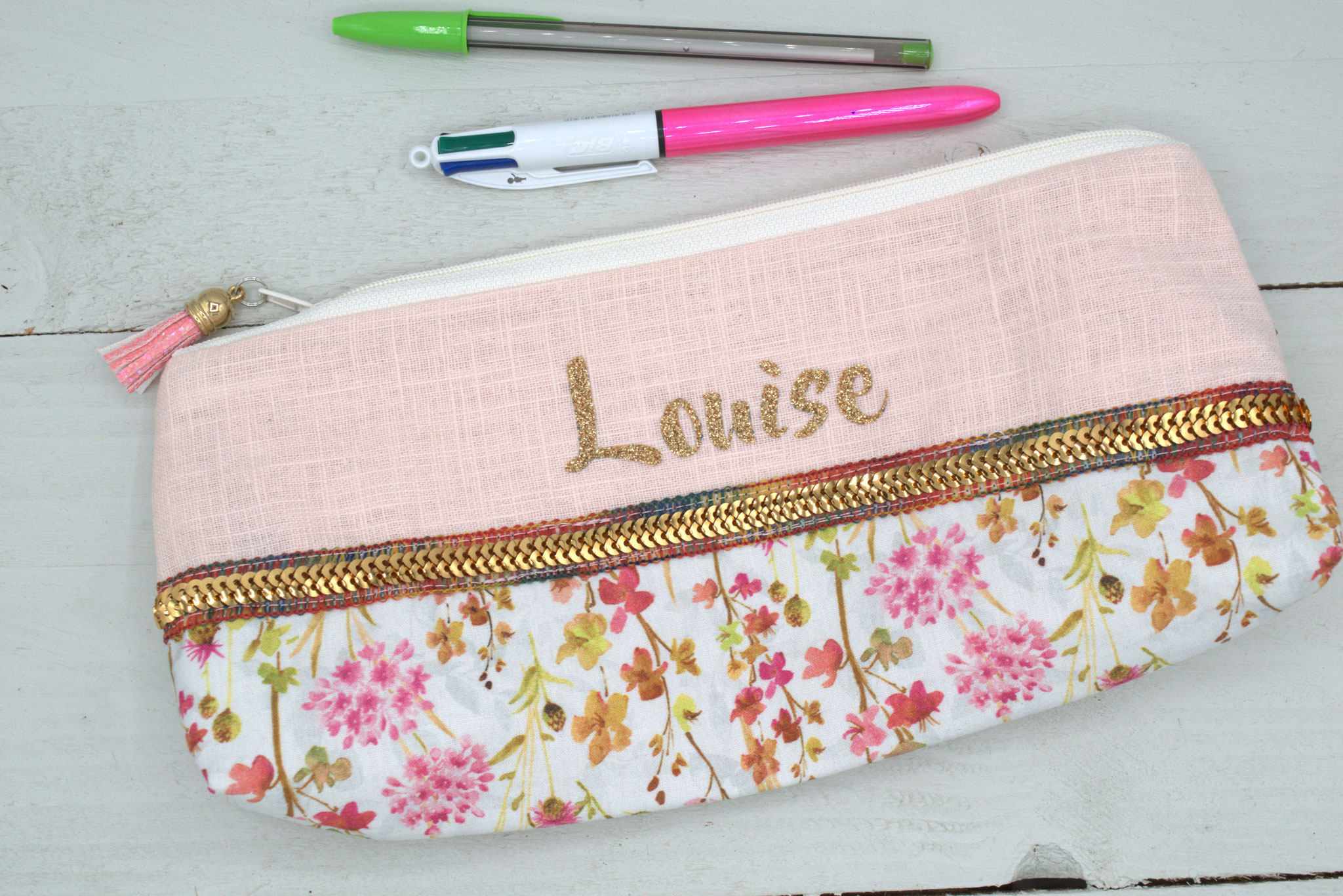 Trousse école fleurs & lin rose poudré à personnaliser avec prénom fille
