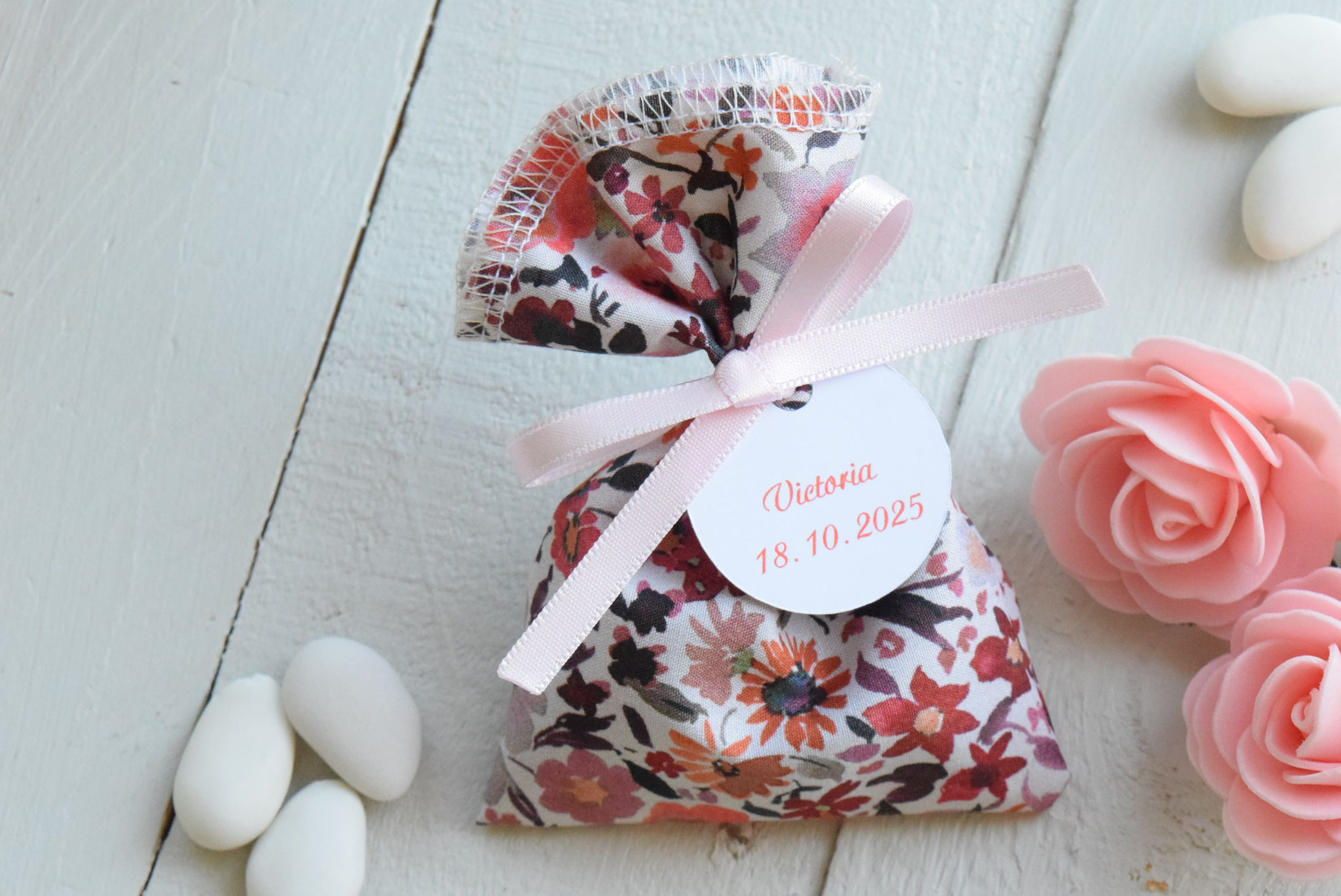 Lot de 30 sachets pour dragées tissu liberty fleuri terracota automne