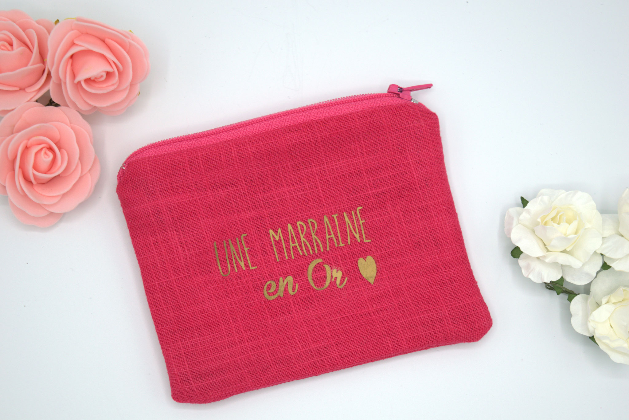 pochette merci marraine en lin rose fuchsia