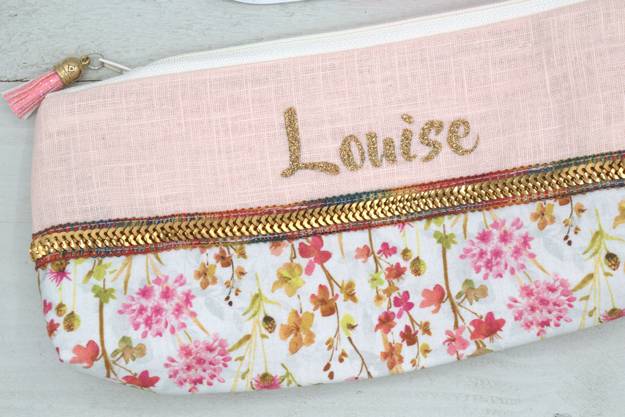 Trousse école fleurs & lin rose poudré à personnaliser avec prénom fille