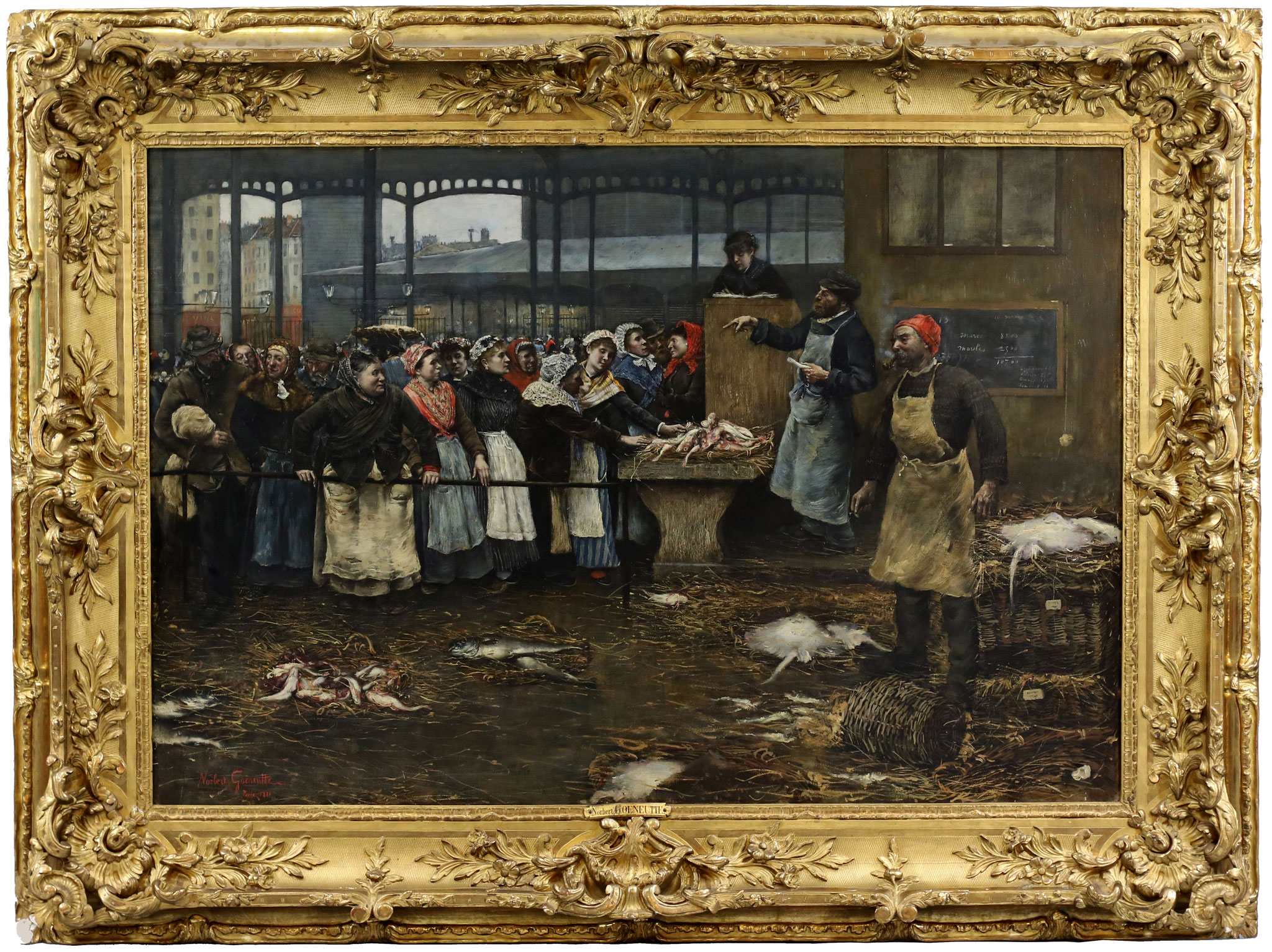 Adjugé 57 150 € - GOENEUTTE Norbert , La criée, Les Halles, Paris, 1881, huile sur toile, 101 x 146 cm