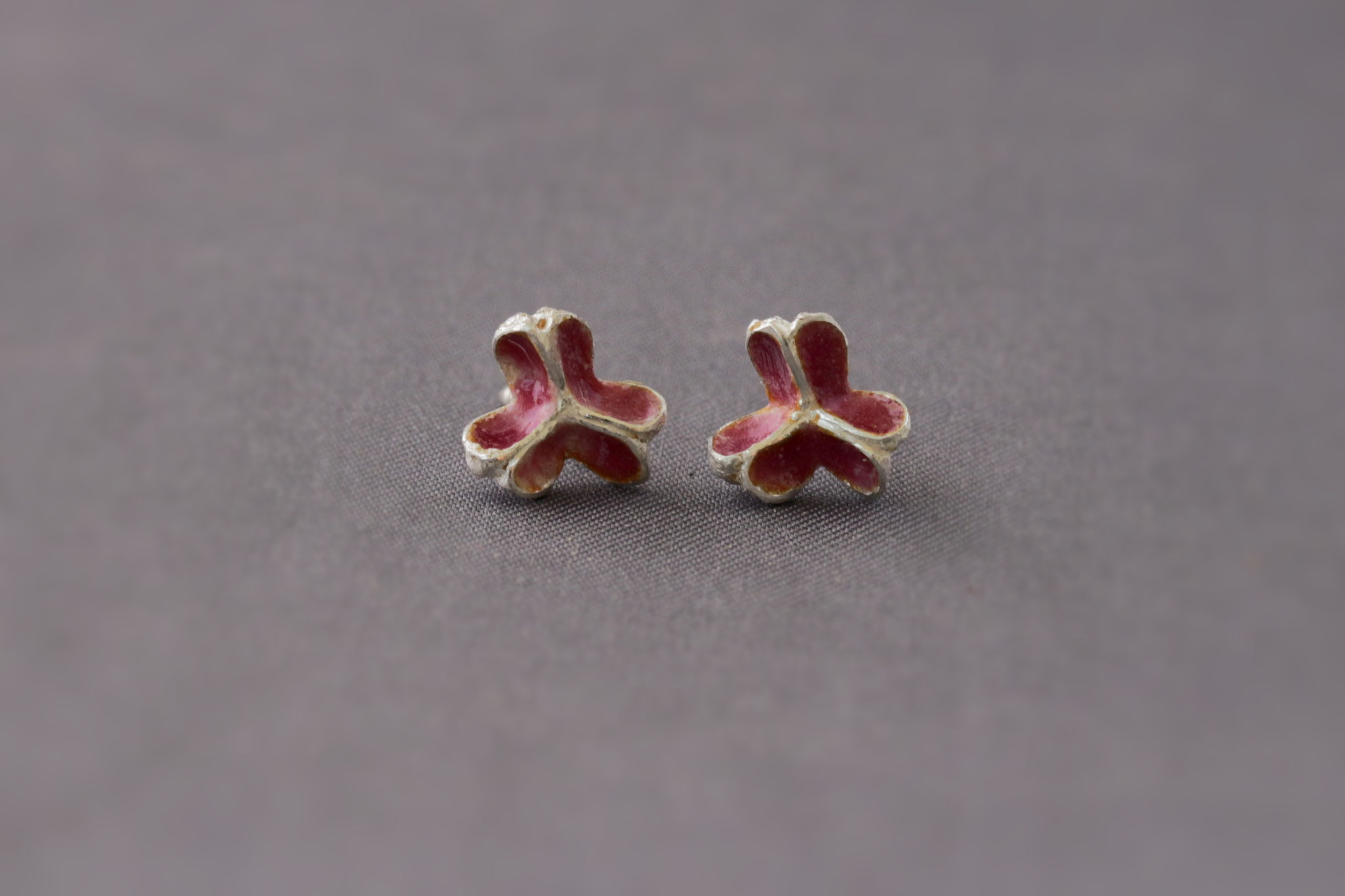 Alliumsamenkapseln geöffnet, Ohrsteckeraus Sterlingsilber mit Galsemaille