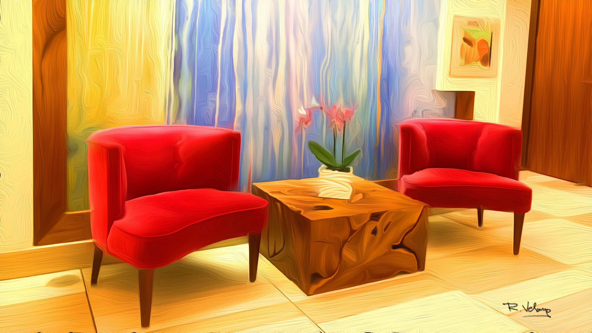 "TWO RED CHAIRS IN LOBBY OF THE HYATT GRAND CYPRESS RESORT" [Created: 2/28/20]