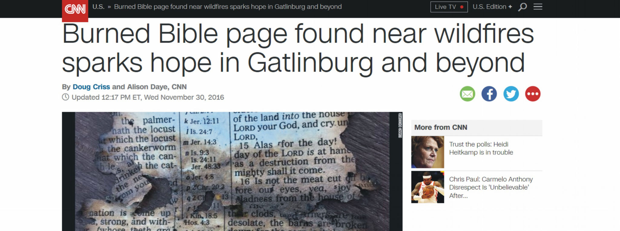 Surprising message on burned Bible page in Tenneesse