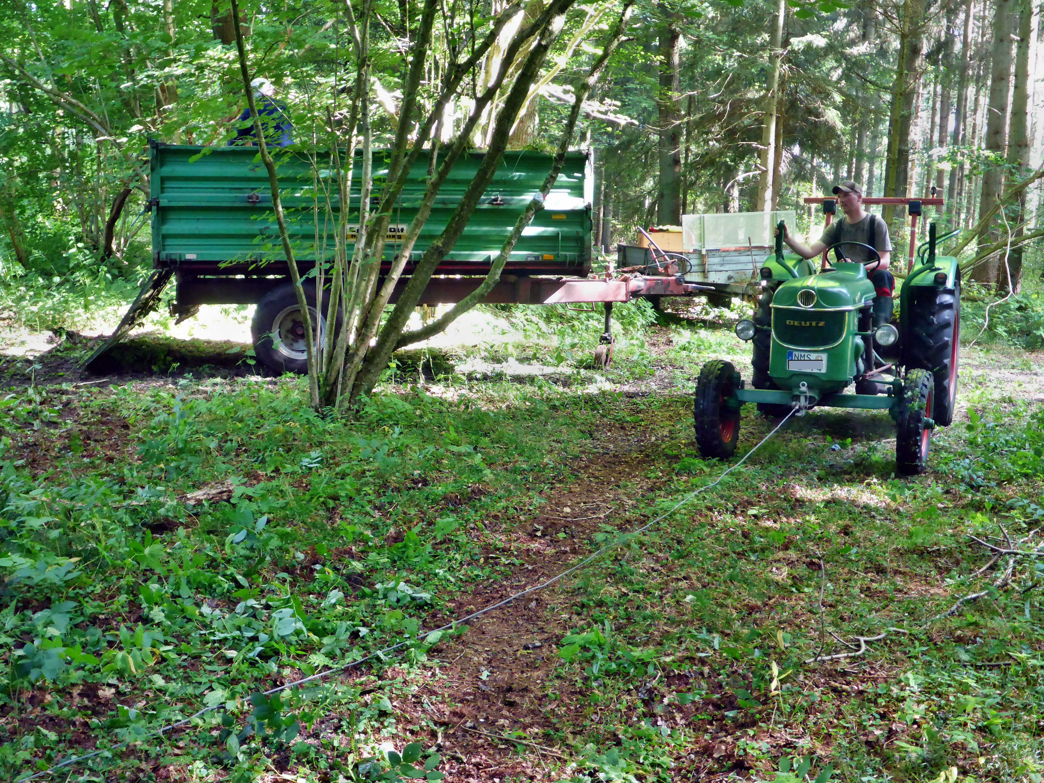 Herausziehen der Säcke mit Traktor und Seil vom Rand aus.