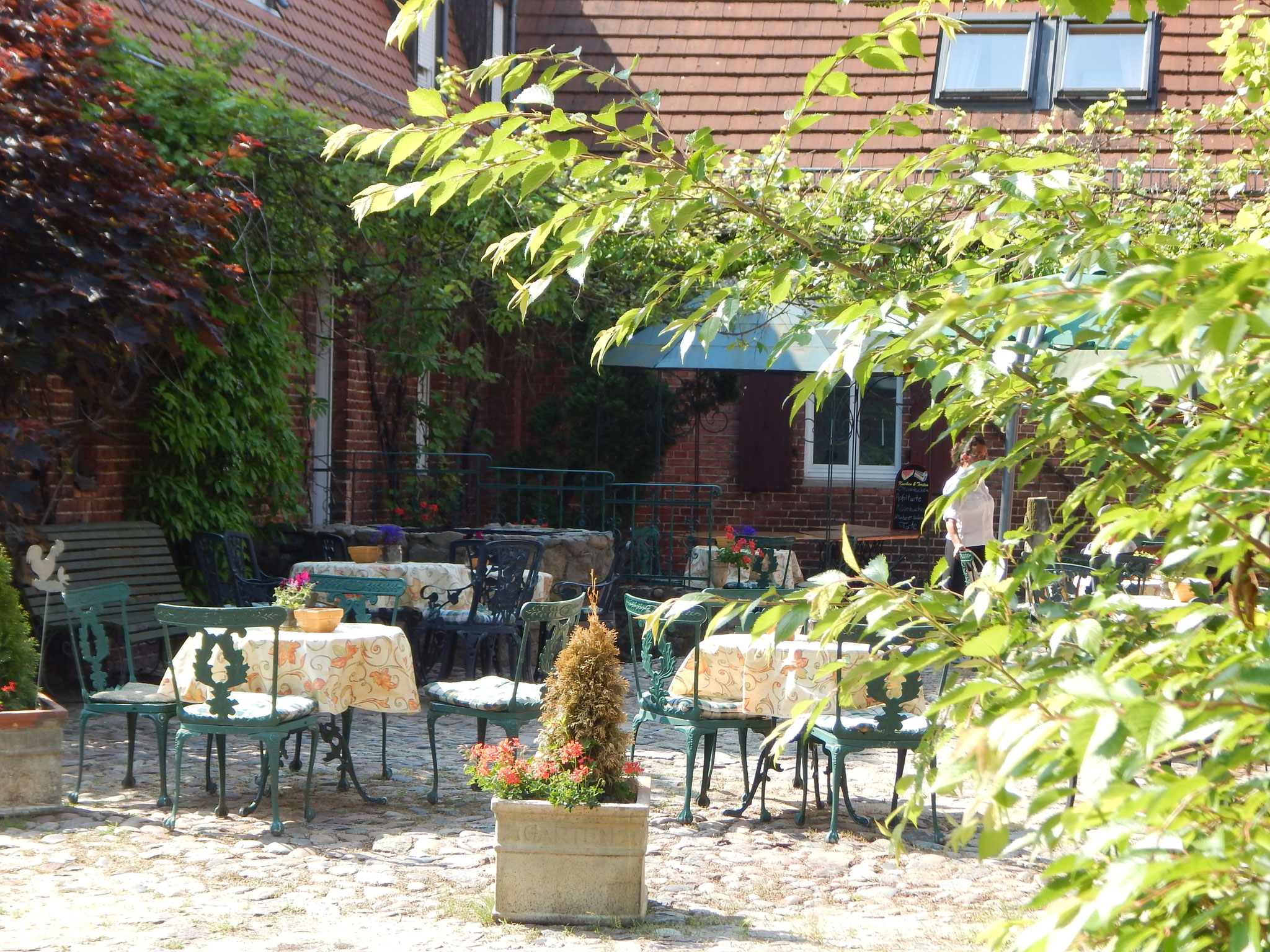 Weinberankt - die idyllische Hofterrasse im Hotel Alte Försterei Kloster Zinna