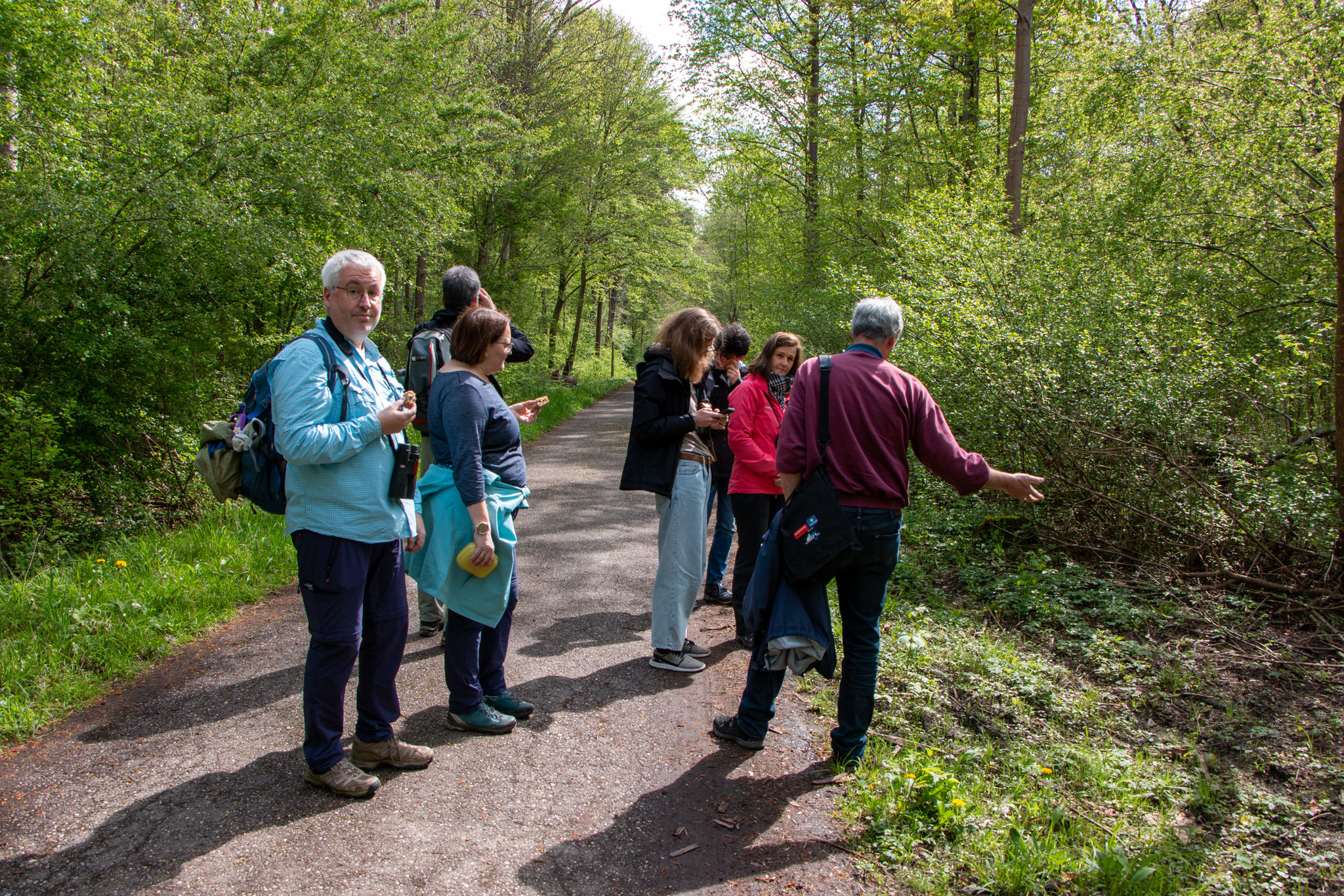 Teilnehmer betrachten Einbeere und Buschwindröschen am Wegesrand (Foto: B. Budig)