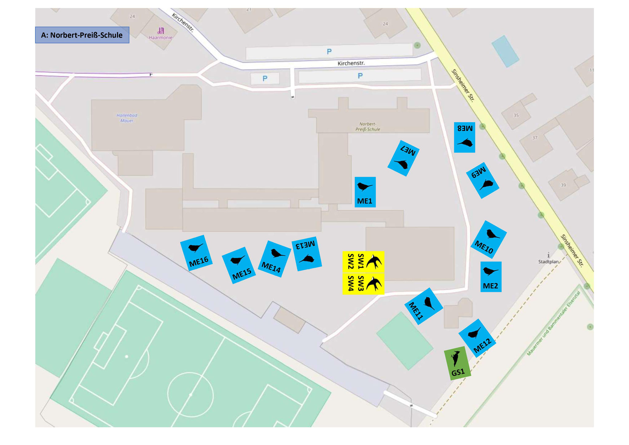 Kartierte Nistkästen auf dem Schulhof der Norbert-Preiß-Schule