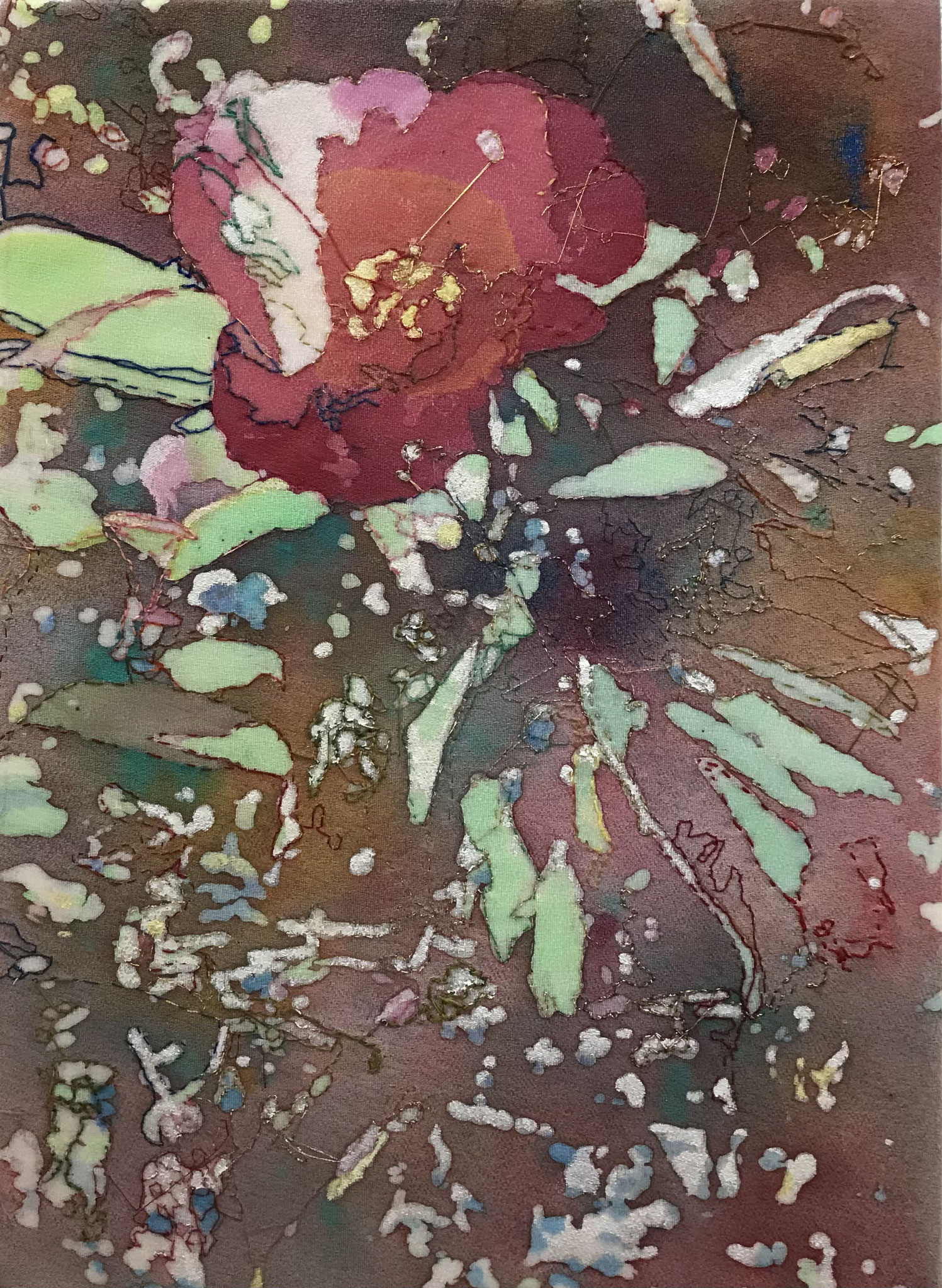 ”赤い花”F３ アクリル絵の具、蝋、糸 