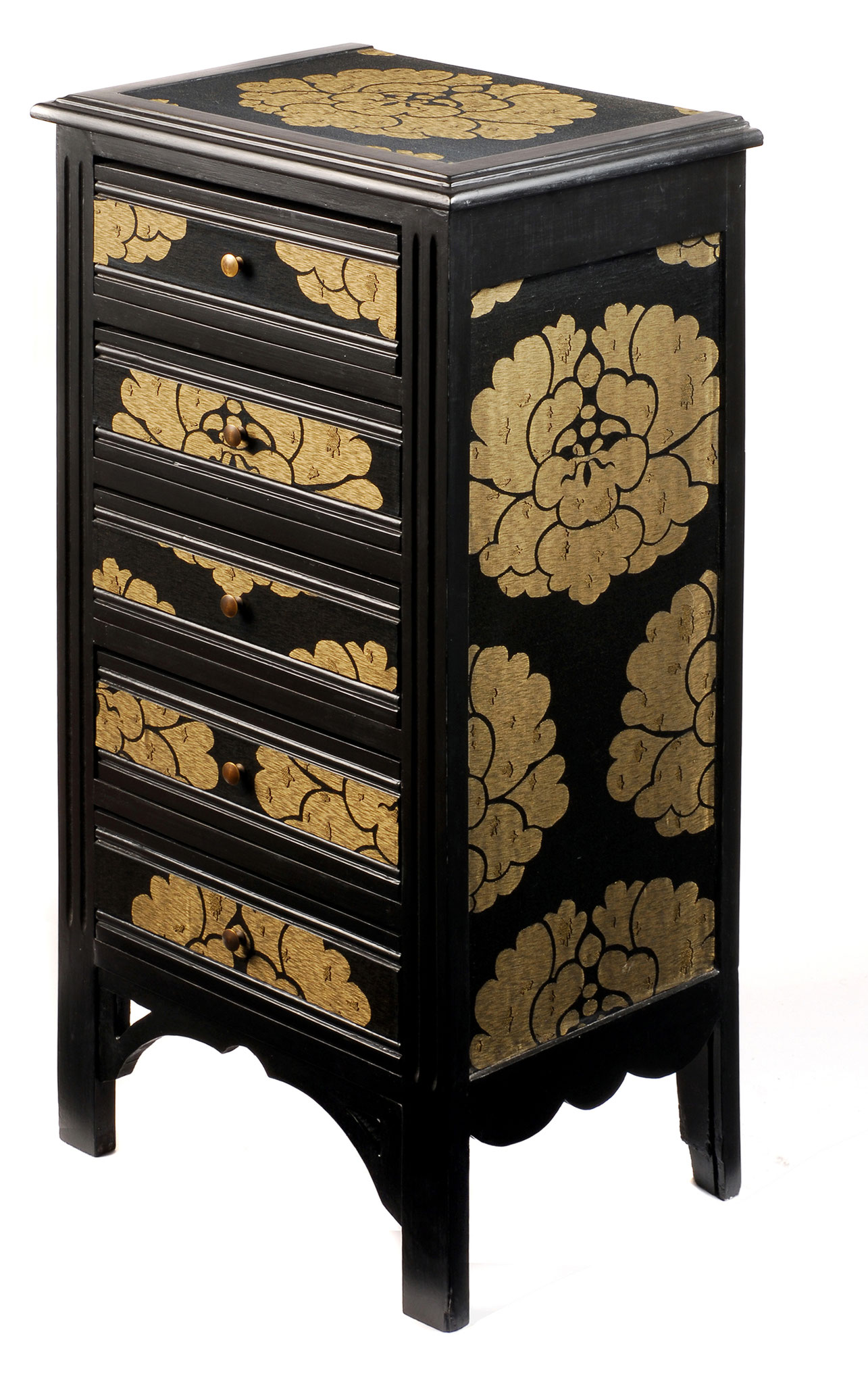   Chiffonnier Lacquered piece with silk fabric bonded to the top, sides and drawer fronts Brass drawer knobs Silk : the Manuel Canovas Collection - Vintage piece from the 1950's - 80 x 50 x 40 cm