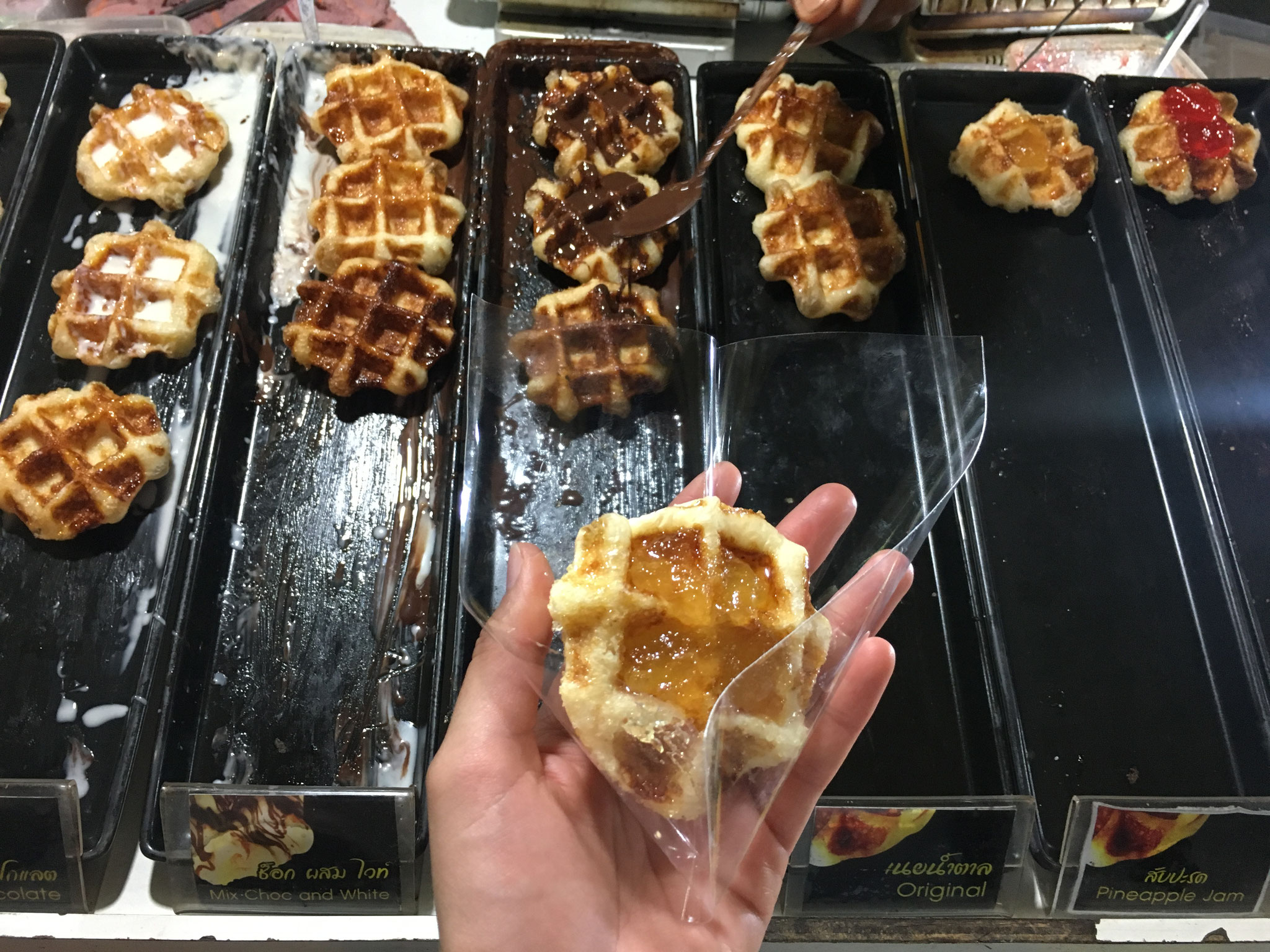 Mini waffles with different toppings, so cute and so delicious! 10 THB! 