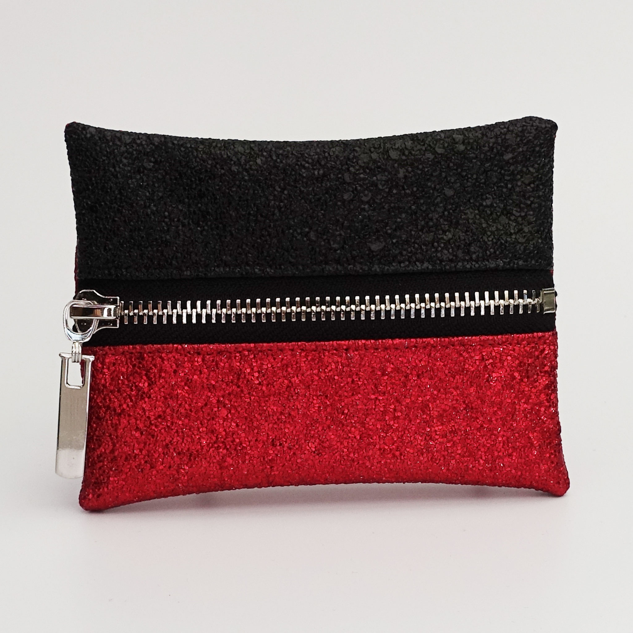 Porte-monnaie lurex rouge et noir, zip métal argenté