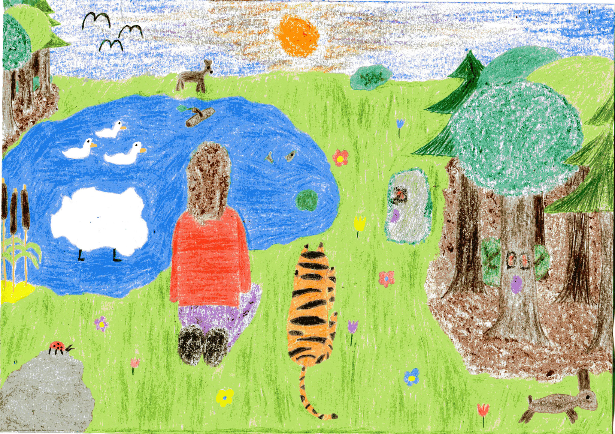 Dorothea, Sausewind und der Tiger sitzen am Teich