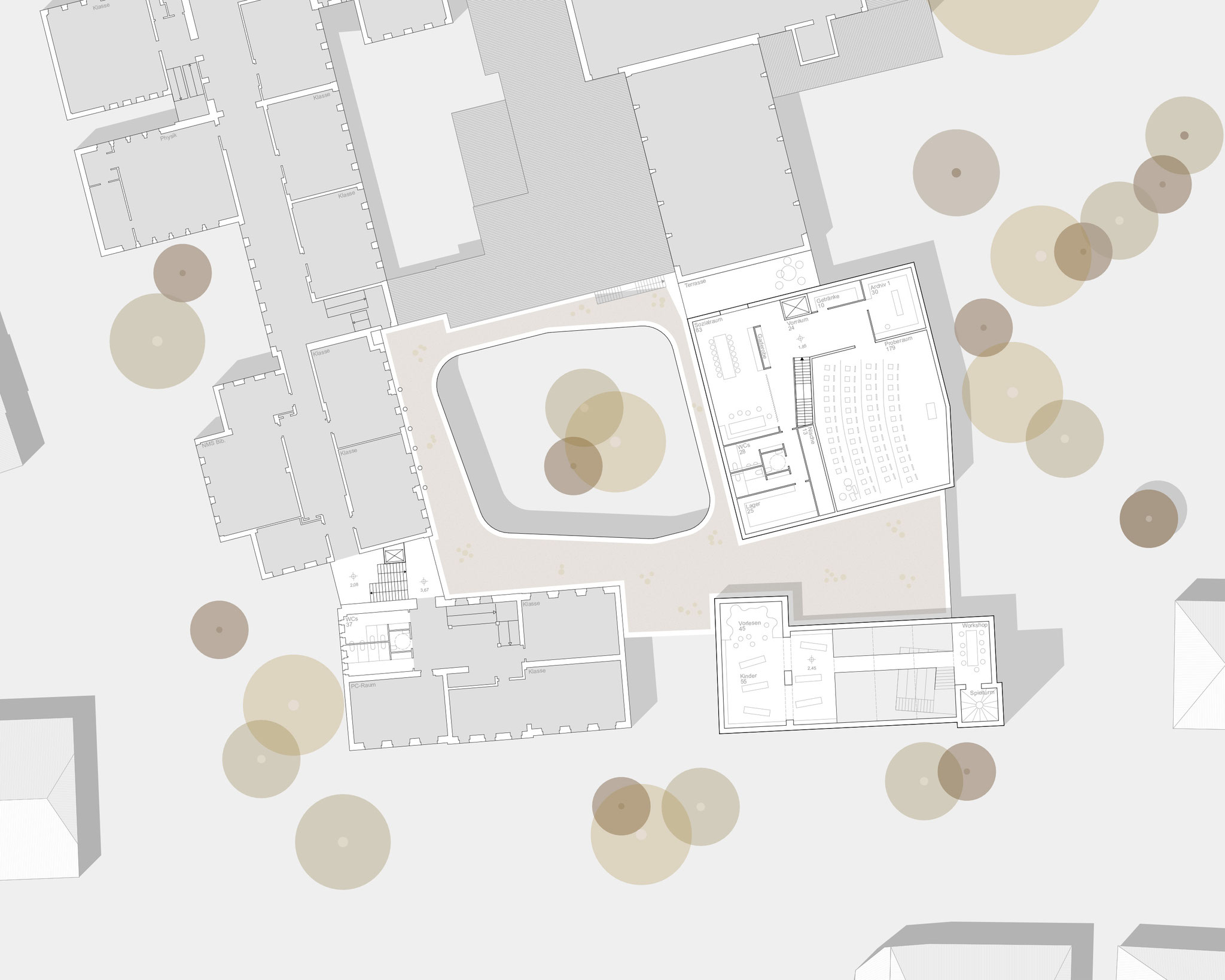 Architekturwettbewerb bildungs- und Kulturcampus st peter Au gemeinsam mit Caramel Architektur. Umnutzung des alten Feuerwehrhauses. Grundriss 1. Obergeschoss mit Musikprobesaal.