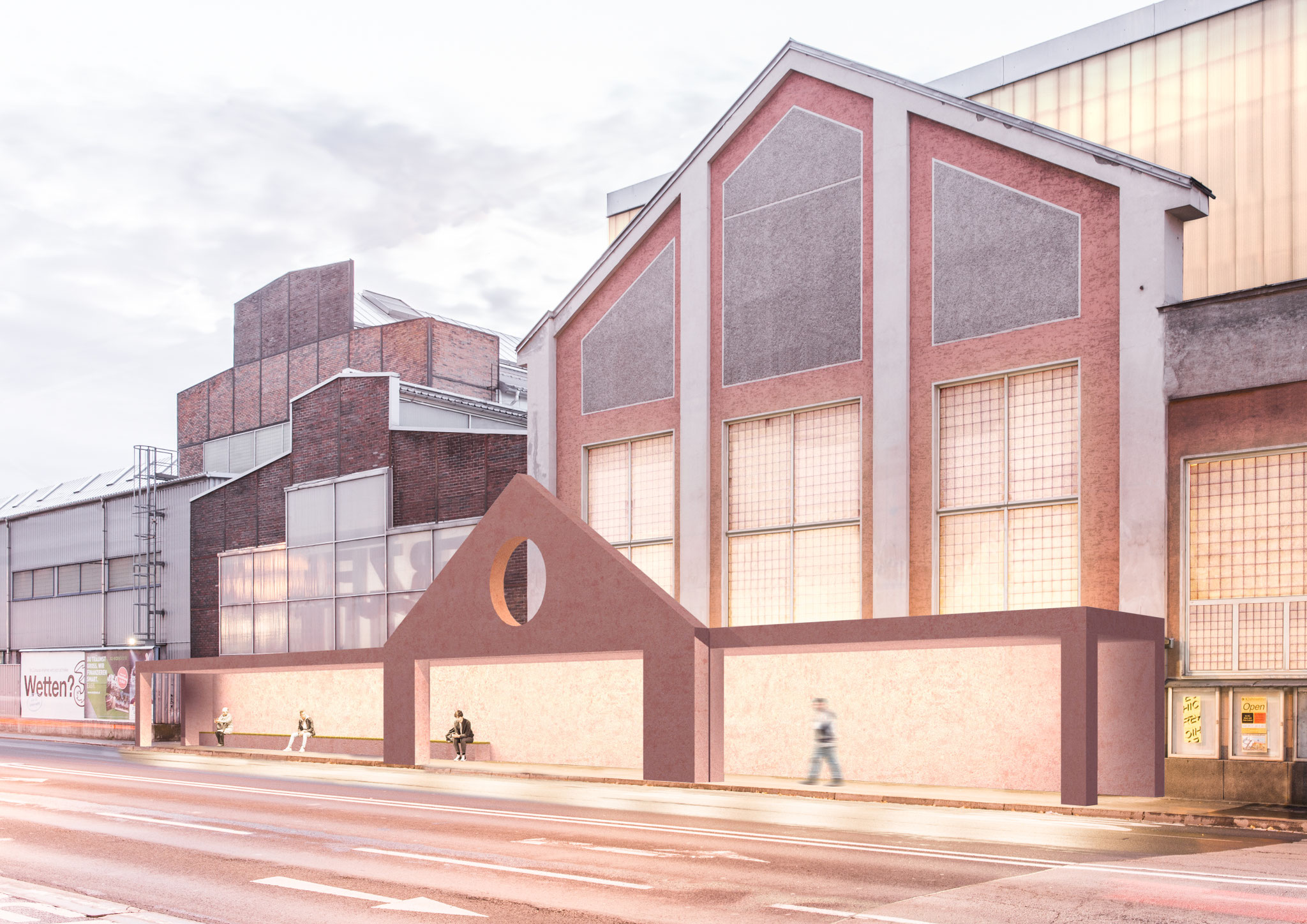 Architectural concept for a bus station in an industrial area in Linz. Built with colored concrete. Bushaltestelle Unionkreuzung Linz. 