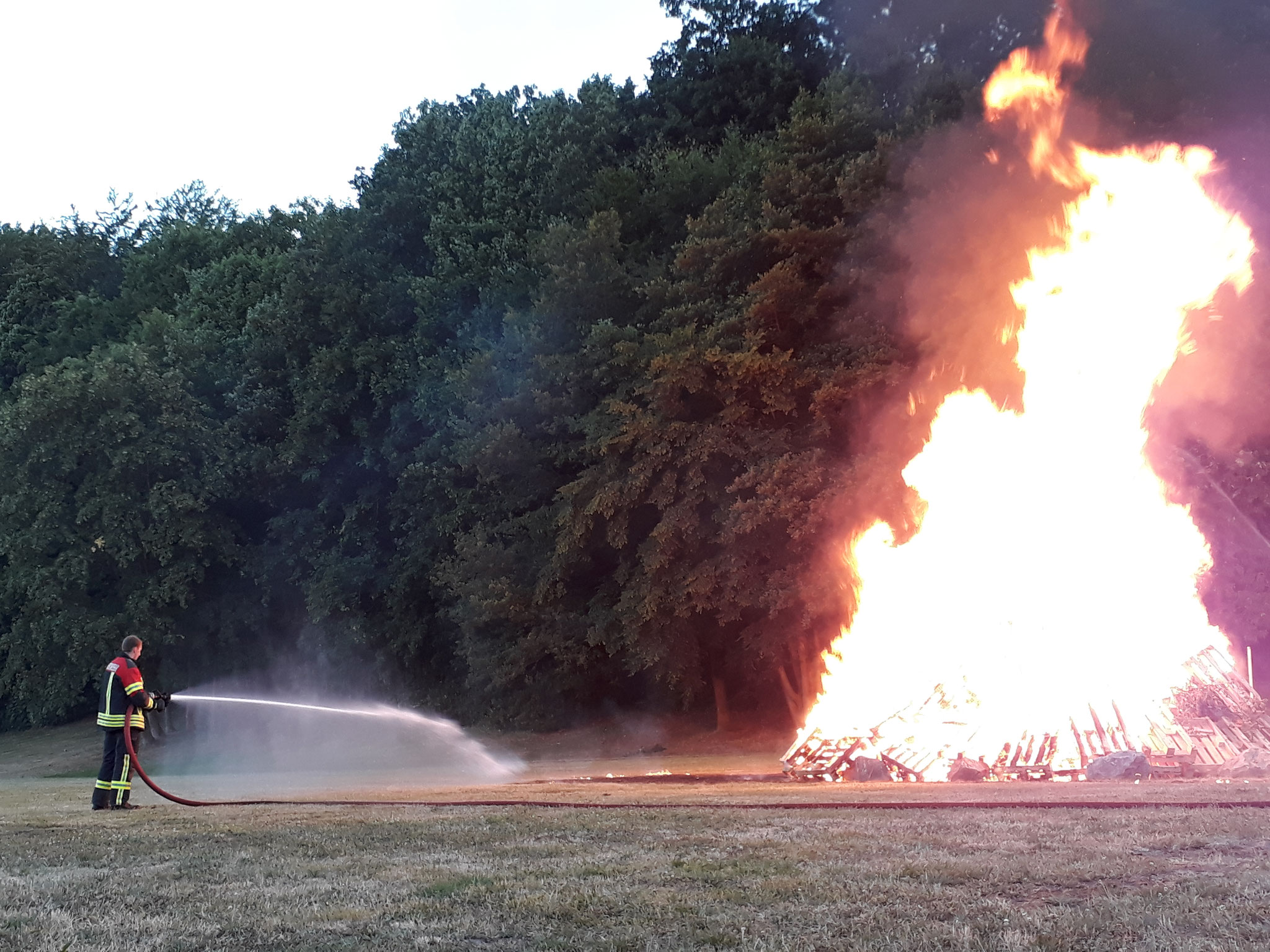 Die Wiese wurde gewässert um ein Ausbreiten des Feuers zu verhindern