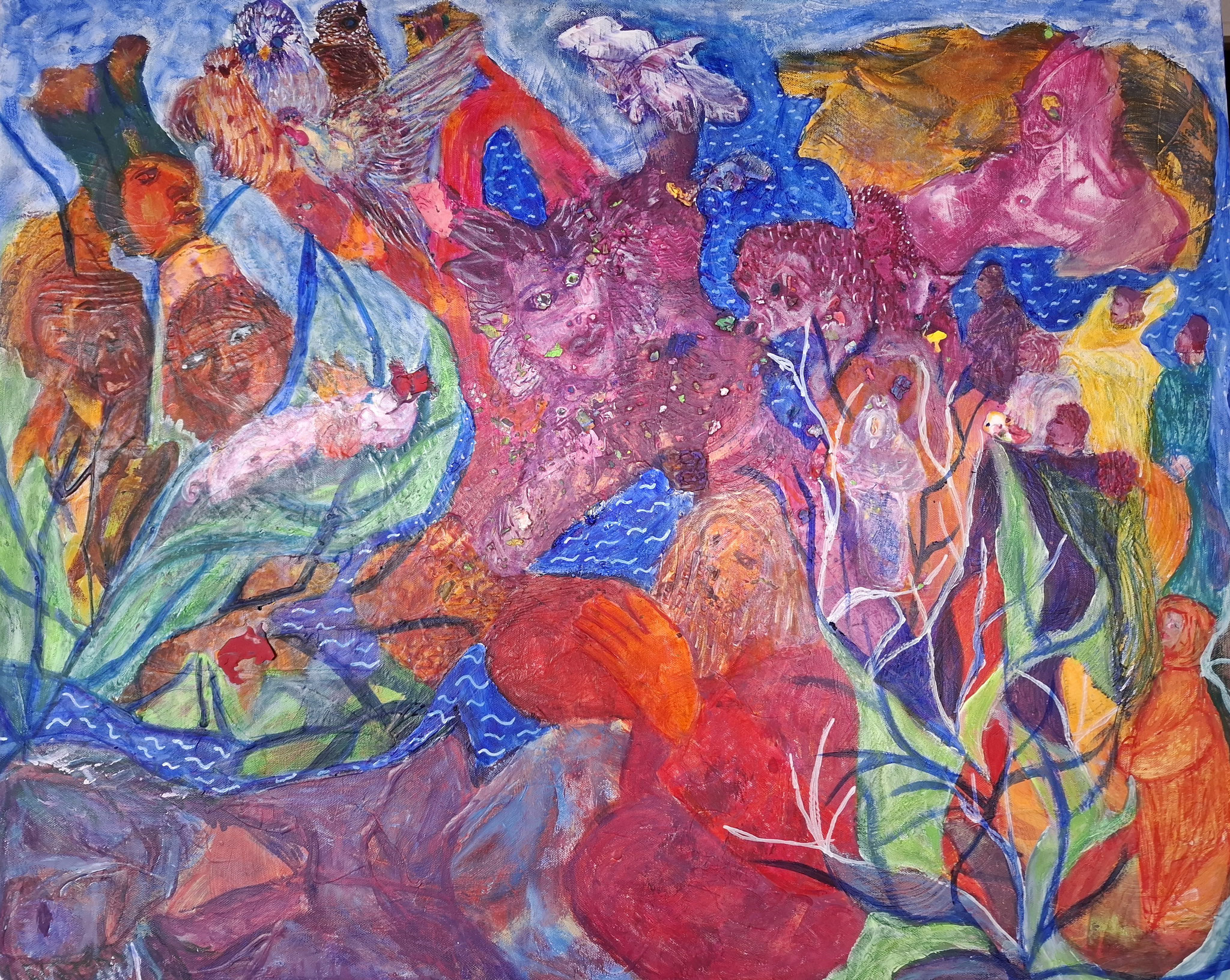 Viehcherei am Wasser 2025, Mischtechnik 100x70 cm