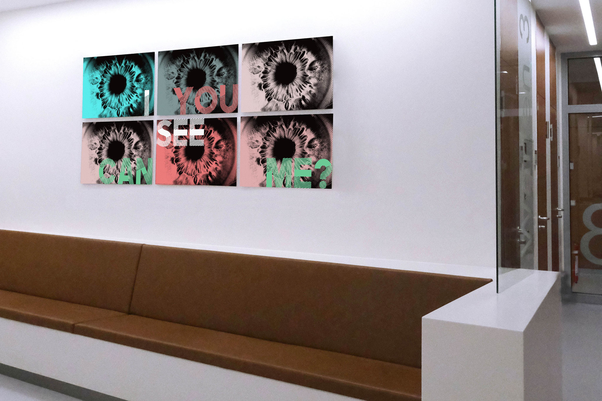 Wandbild mit Typografie zum Thema Sehen und Gesehenwerden, Gestaltungskonzept für Klinik Wartezonen.