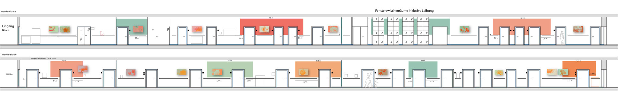 Alternativtext: Visualisierung Wandaufriss der Station, Planung des Kunst und Farbkonzepts für die Frauenklinik Würzburg.