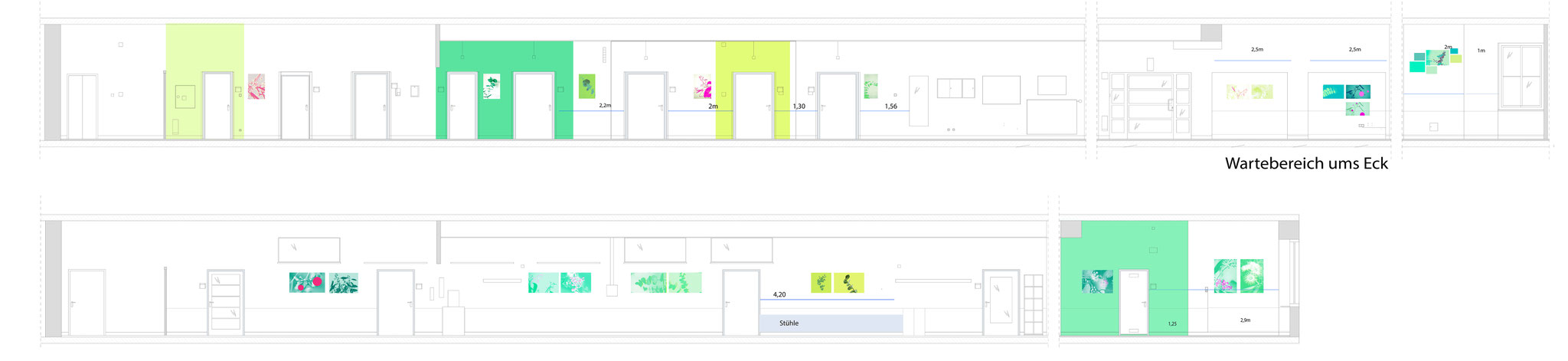 Visualisierung Wandaufriss für die Schwangerenberatung, Planung von Kunst und Farbkonzept in der Klinik.