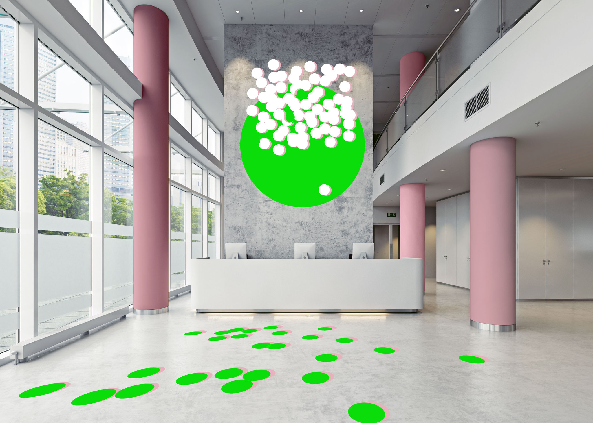 Innenraum Atrium mit Wandbildern auf mehreren Ebenen, Entwurf für Klinikgebäude als Orientierung und Atmosphäre.