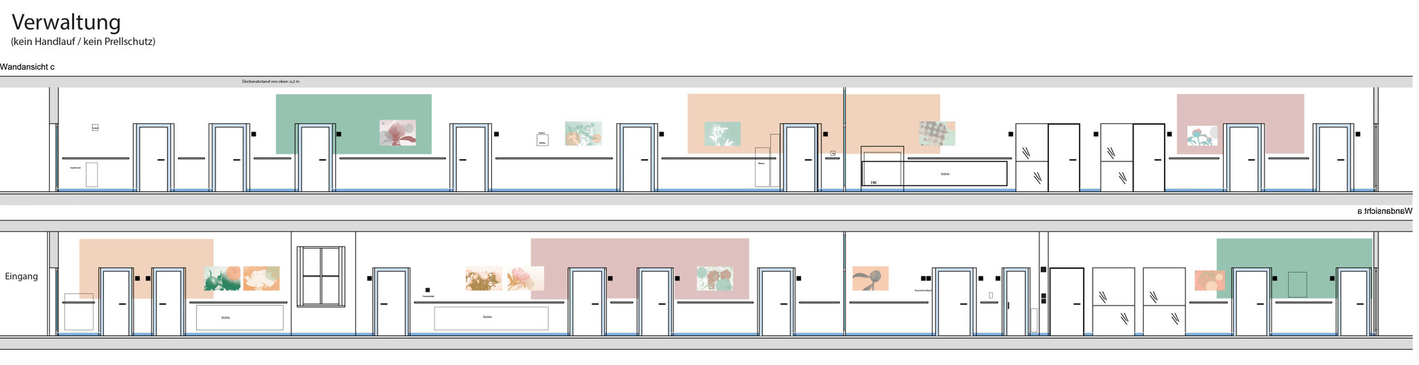 Detailansicht Wandaufriss zur Konzeptplanung, Farbleitsystem und Blütenmotive für Klinikstationen.
