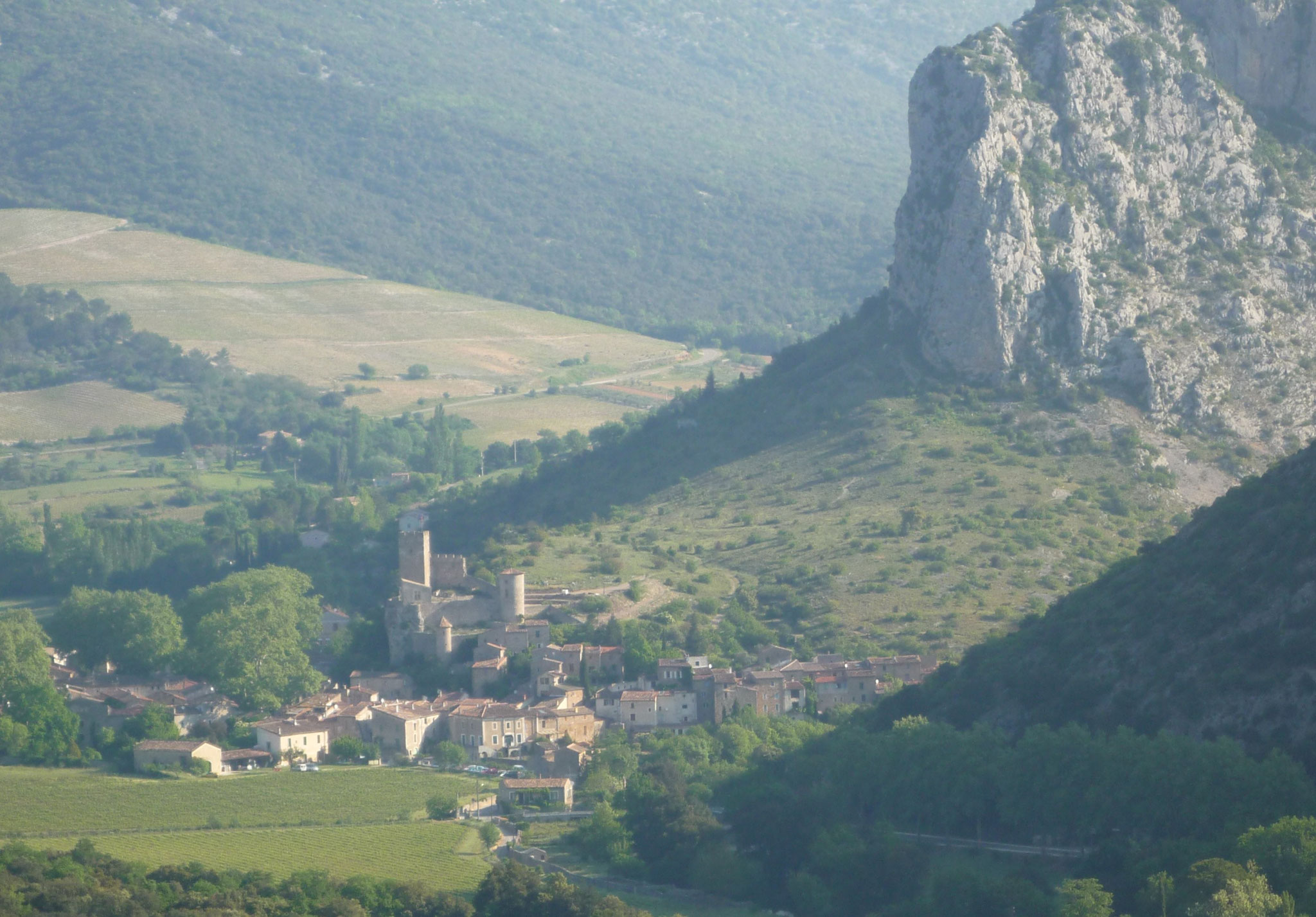 Vue générale de Saint Jean de Buèges et du Château de Baulx