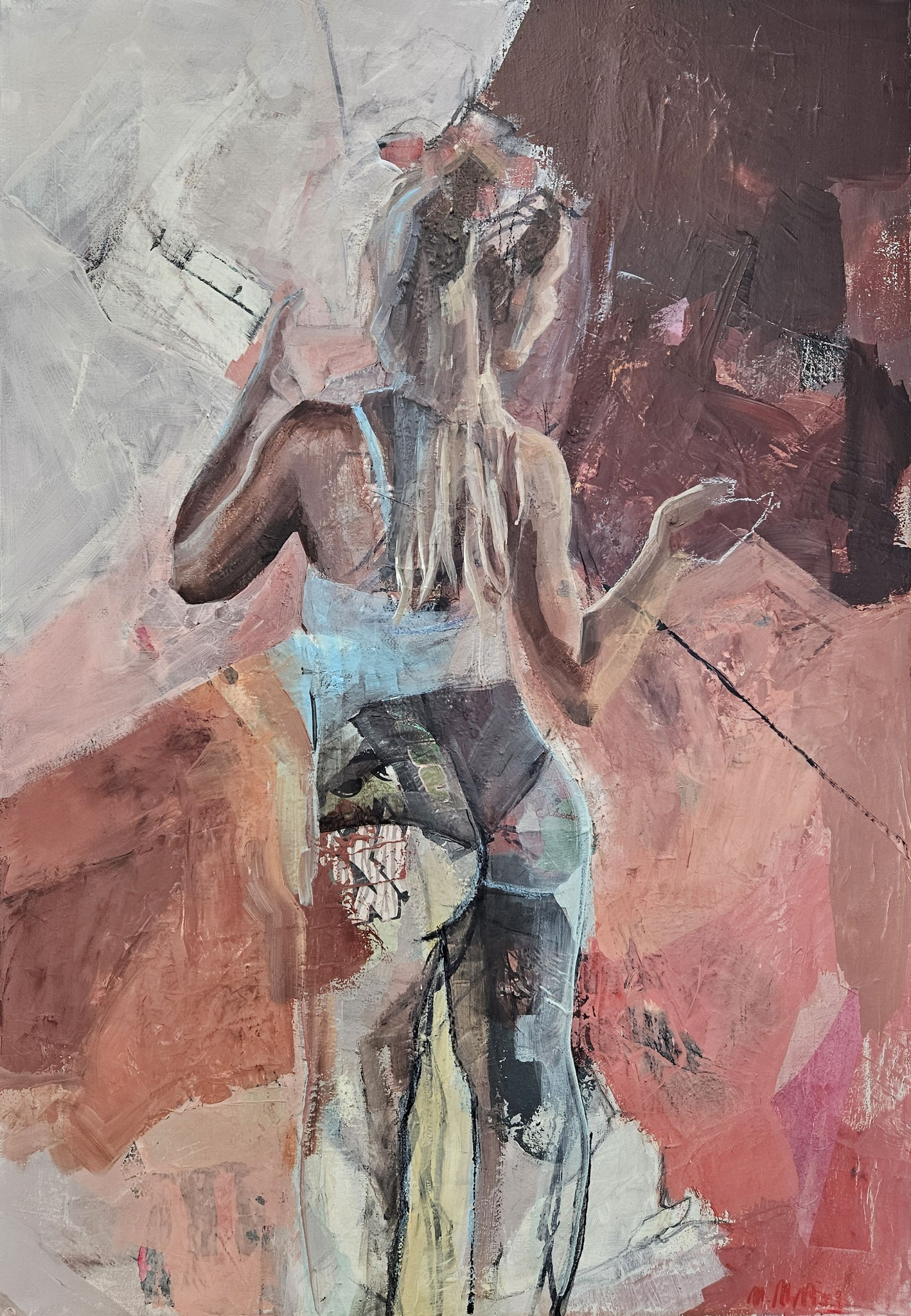Figuratives Gemälde "Oh lá lá", Mixed Media auf Leinwand (100x70 cm). Rückenansicht einer weiblichen Figur in Unterwäsche. Figurative Kunst in erdigen Rot- und Beigetönen.