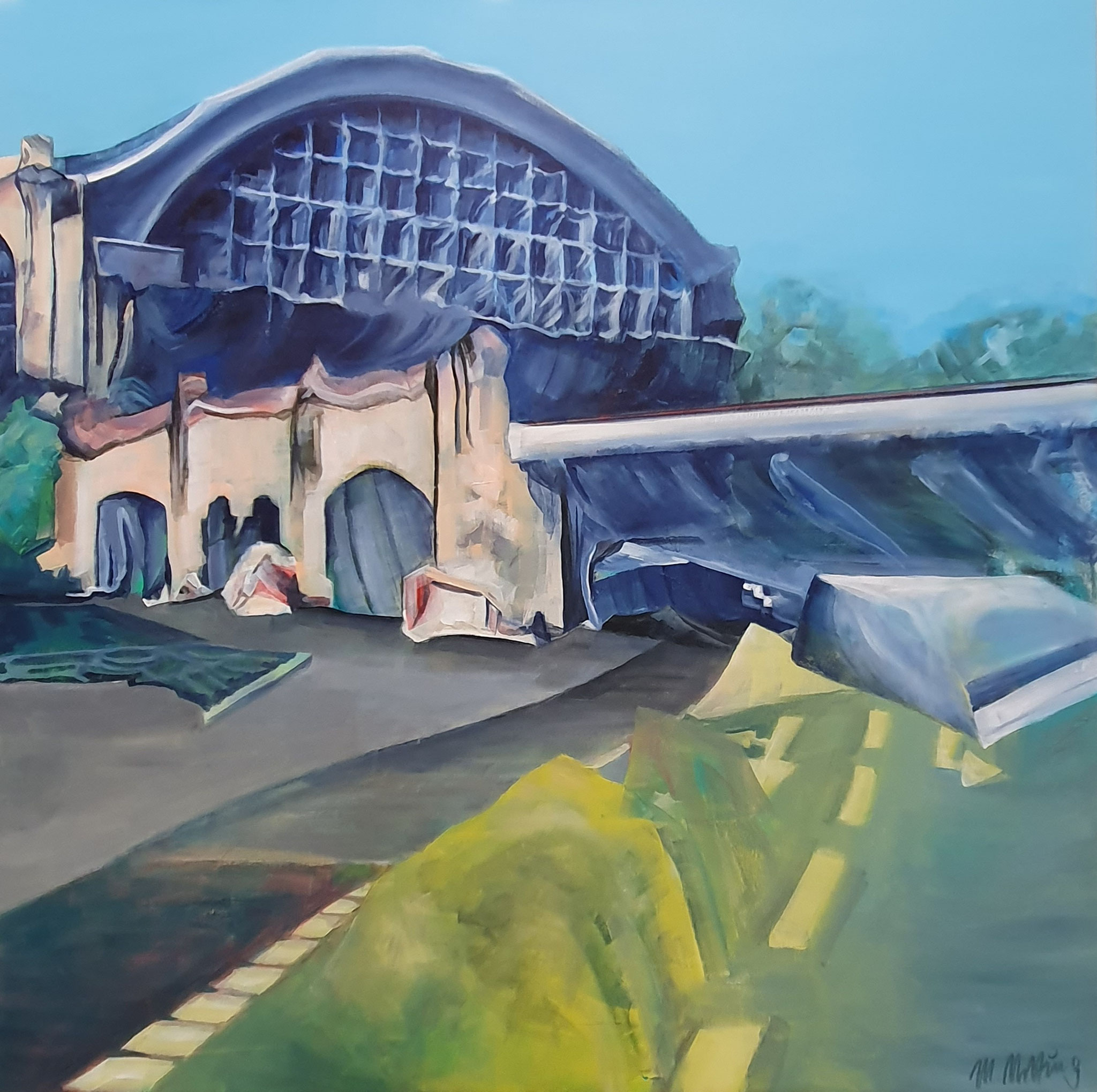 Acryl-Gemälde des Bahnhofs Dammtor in Hamburg, dargestellt in einer surrealen, wellenartig verformten und dynamischen Perspektive.