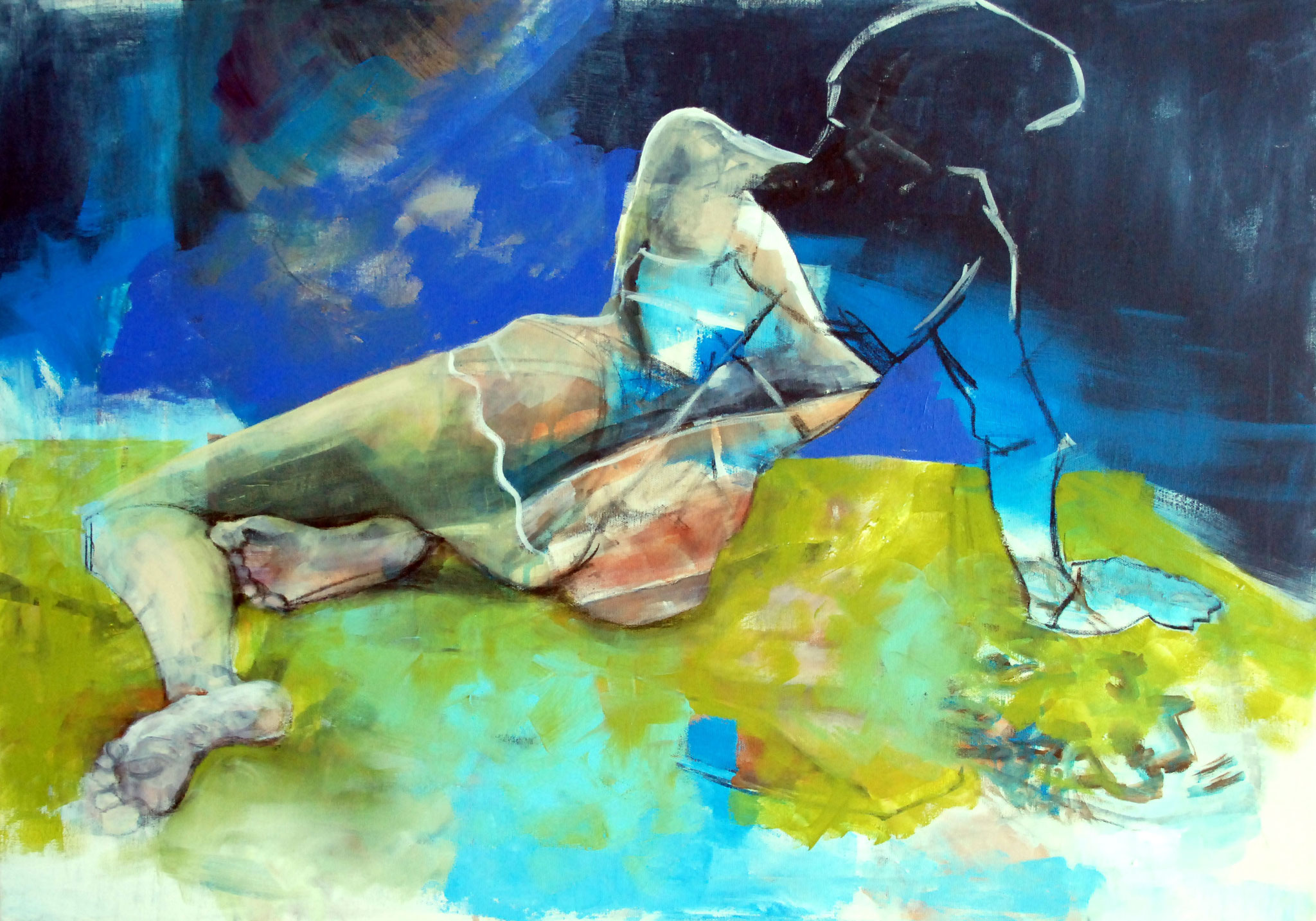 Green blanket, Acryl und Stifte auf Leinwand, 70cm x 100cm