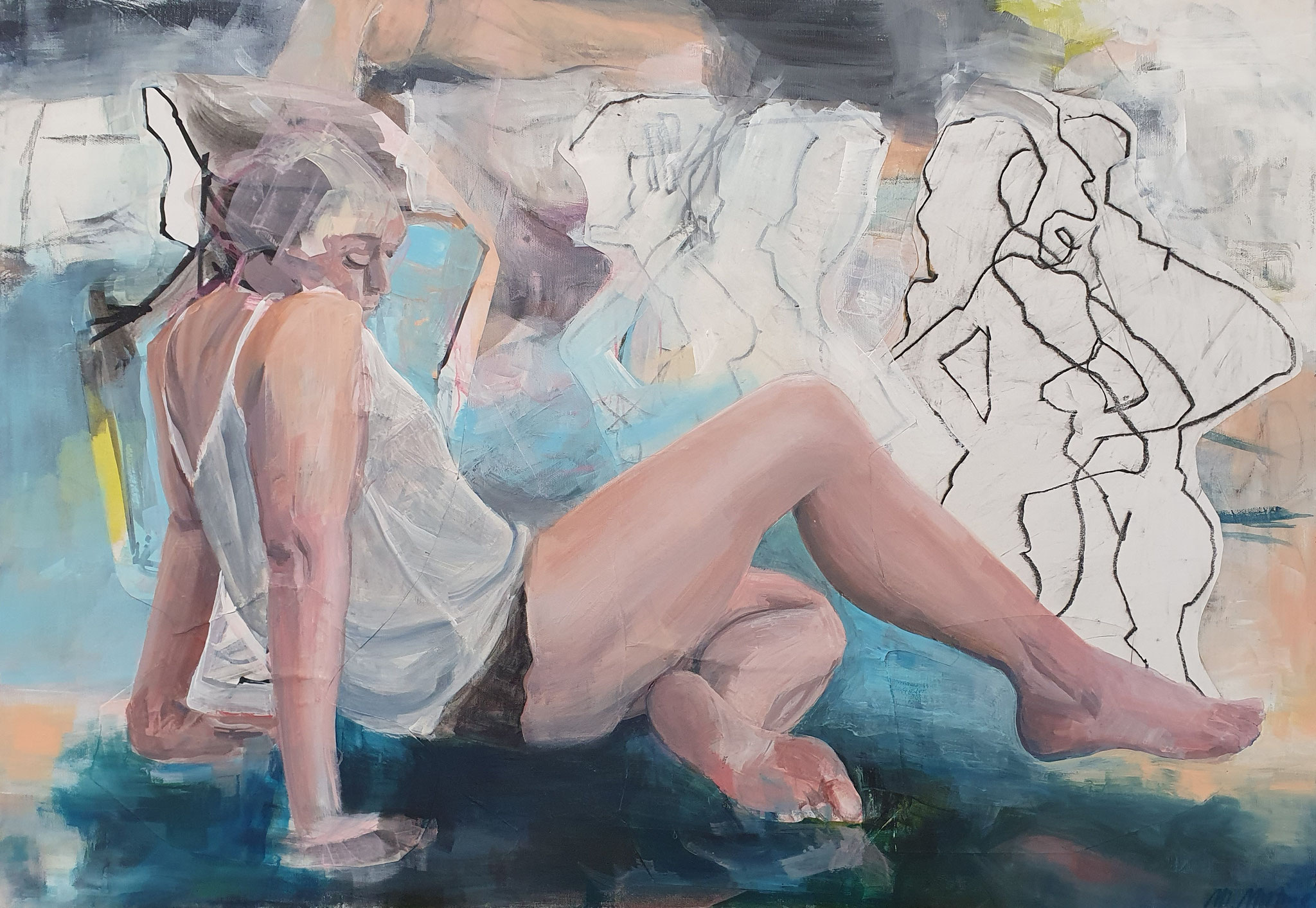 Figuratives Gemälde "Mirror", Mixed Media auf Leinwand (70x100 cm). Liegende weibliche Figur vor abstrahierten, grafischen Körpersilhouetten.