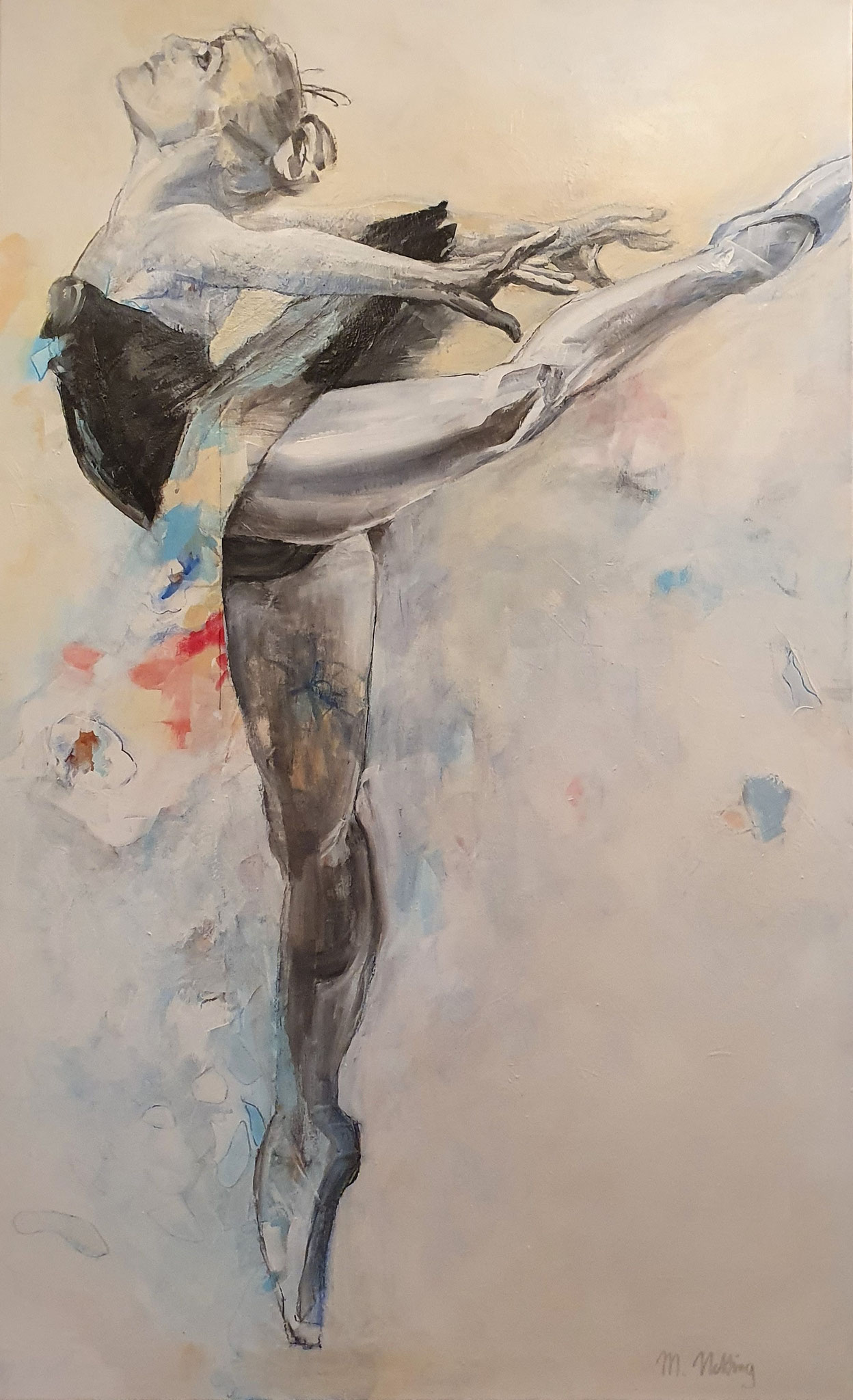Figuratives Gemälde "Arabesque", Acryl auf Leinwand (130x80 cm). Eine Balletttänzerin in dynamischer Arabesque-Pose mit ausgestrecktem Bein.