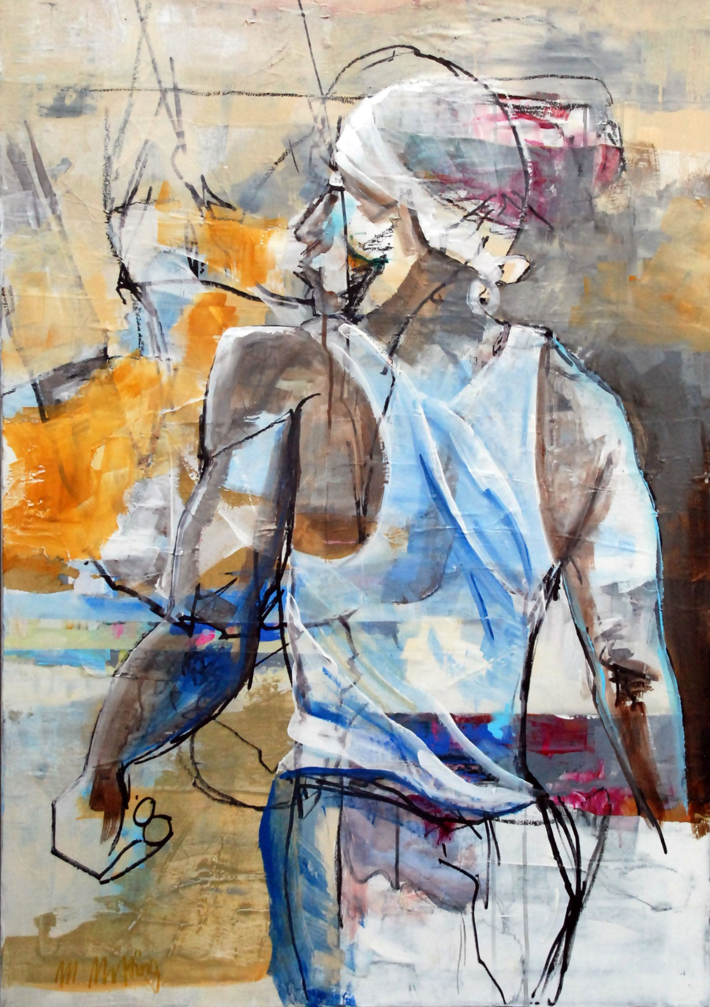 Figuratives Gemälde "What a man", Mixed Media auf Leinwand (100x70 cm). Männliche Figur in der Rückansicht mit weißem Unterhemd.