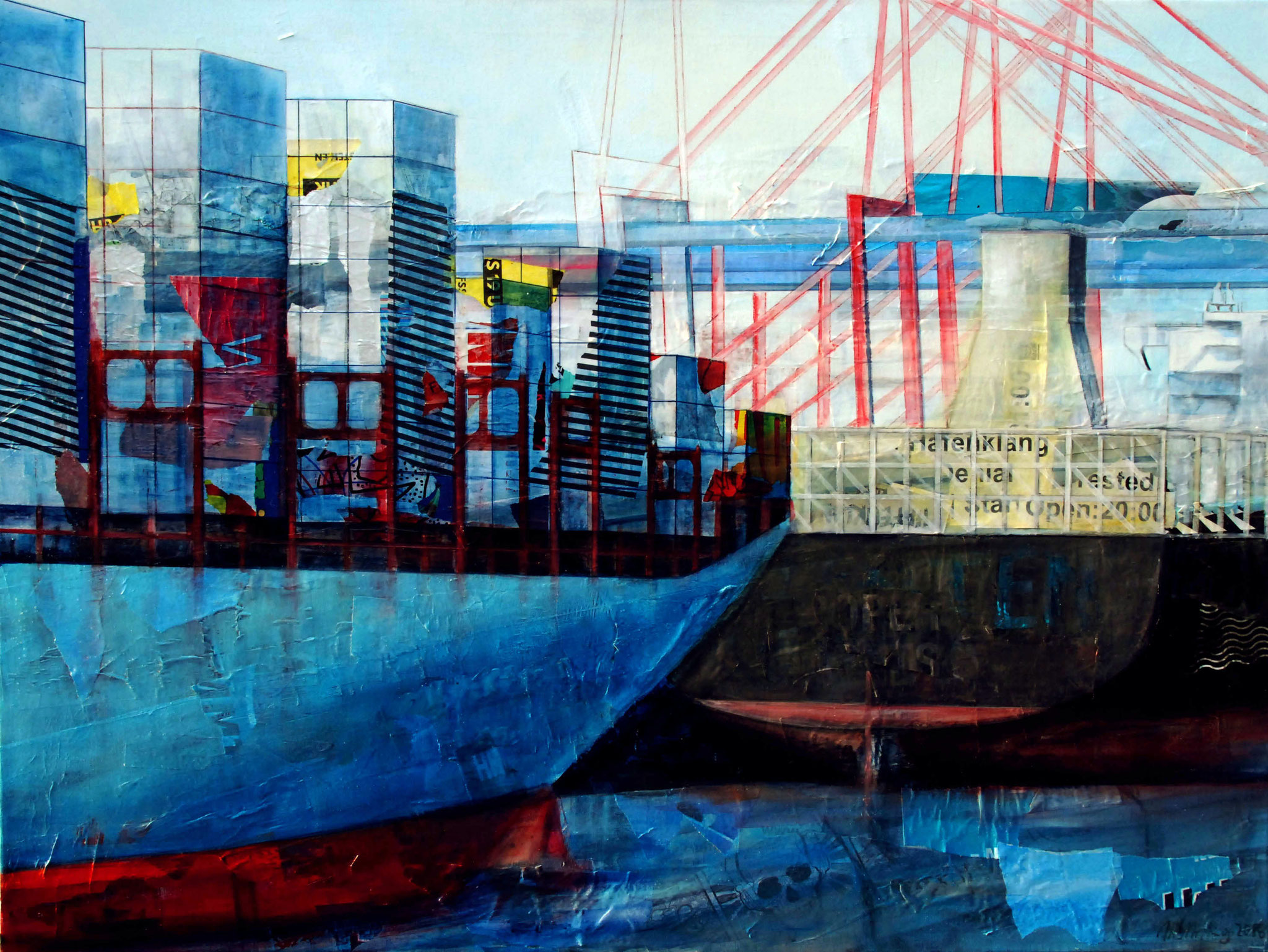 Mixed-Media-Gemälde im Querformat mit der markanten blauen Rumpffront eines Frachtschiffs und farbigen Containern im Hamburger Hafen vor hellem Himmel.