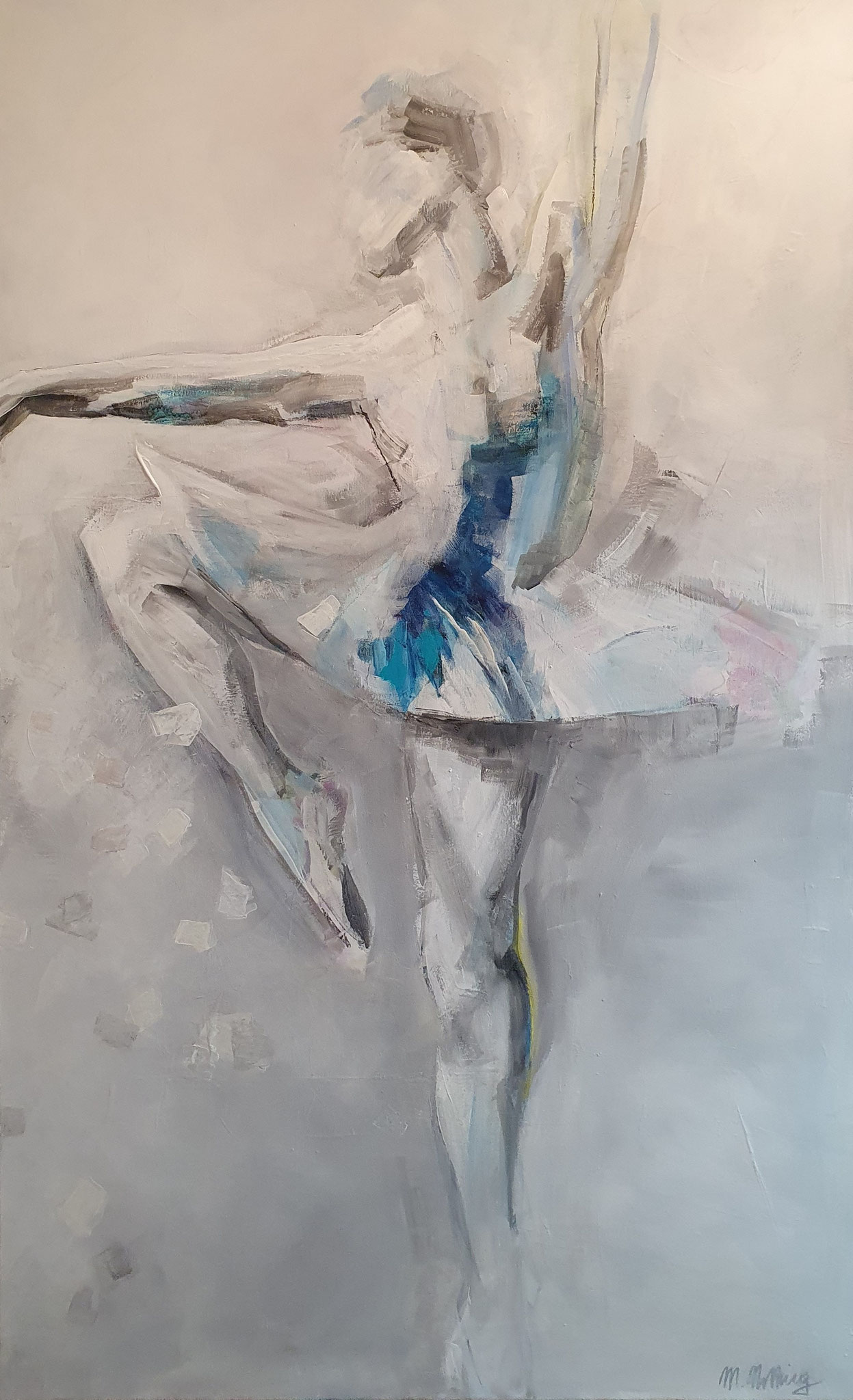 Figuratives Gemälde "Passé", Acryl auf Leinwand (130x80 cm). Eine Balletttänzerin in dynamischer Tanzpose mit blauem Korsett.