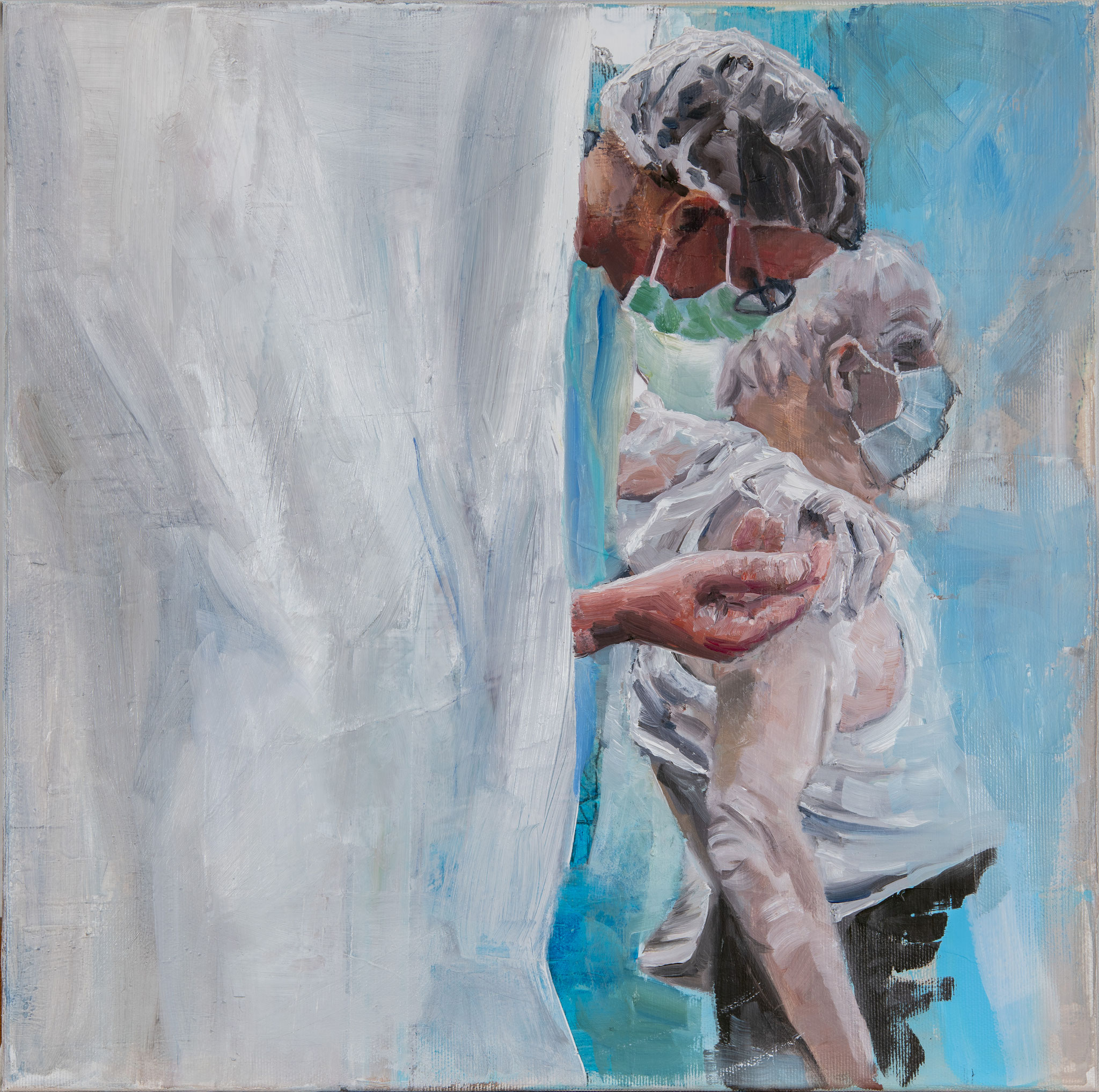 Figuratives Gemälde "Hinter dem Vorhang", Öl, Acryl & Collage auf Leinwand (40x40 cm). Medizinische Scene mit zwei Personen, die Schutzmasken tragen hinter einem weißen Vorhang.