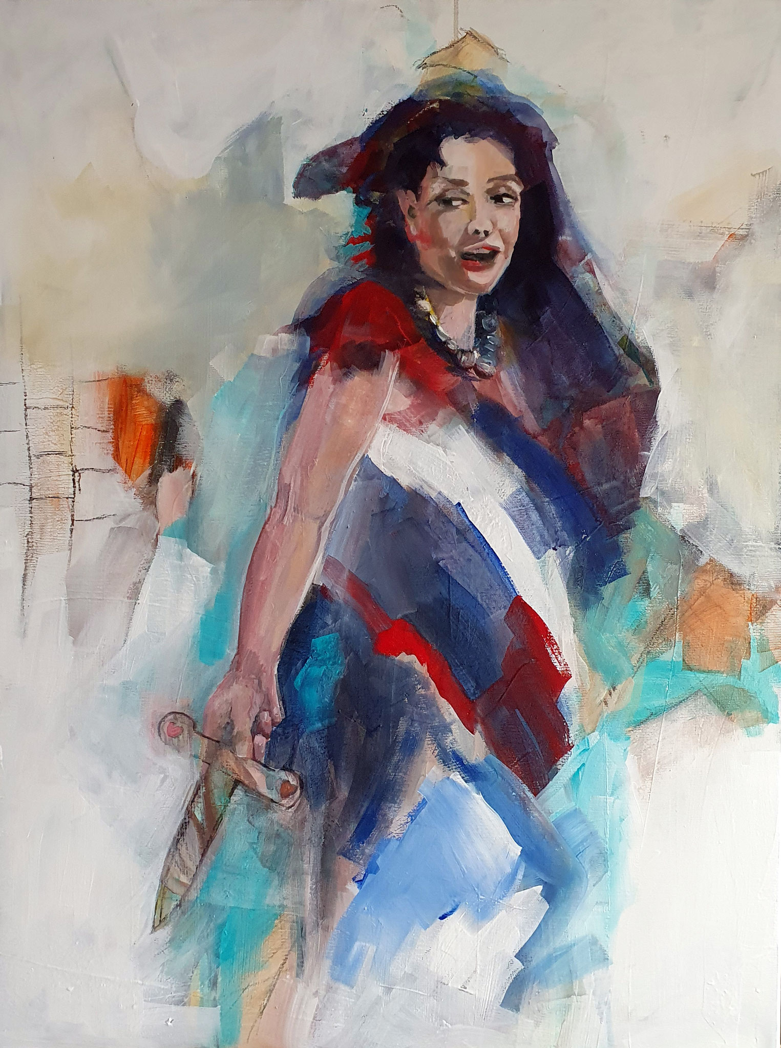 Figuratives Gemälde "Artemis", Acryl & Kohle auf Leinwand (80x60 cm). Hochformatiges Werk einer resoluten Frau in blau-weiß-roter Kleidung mit einer Waffe.