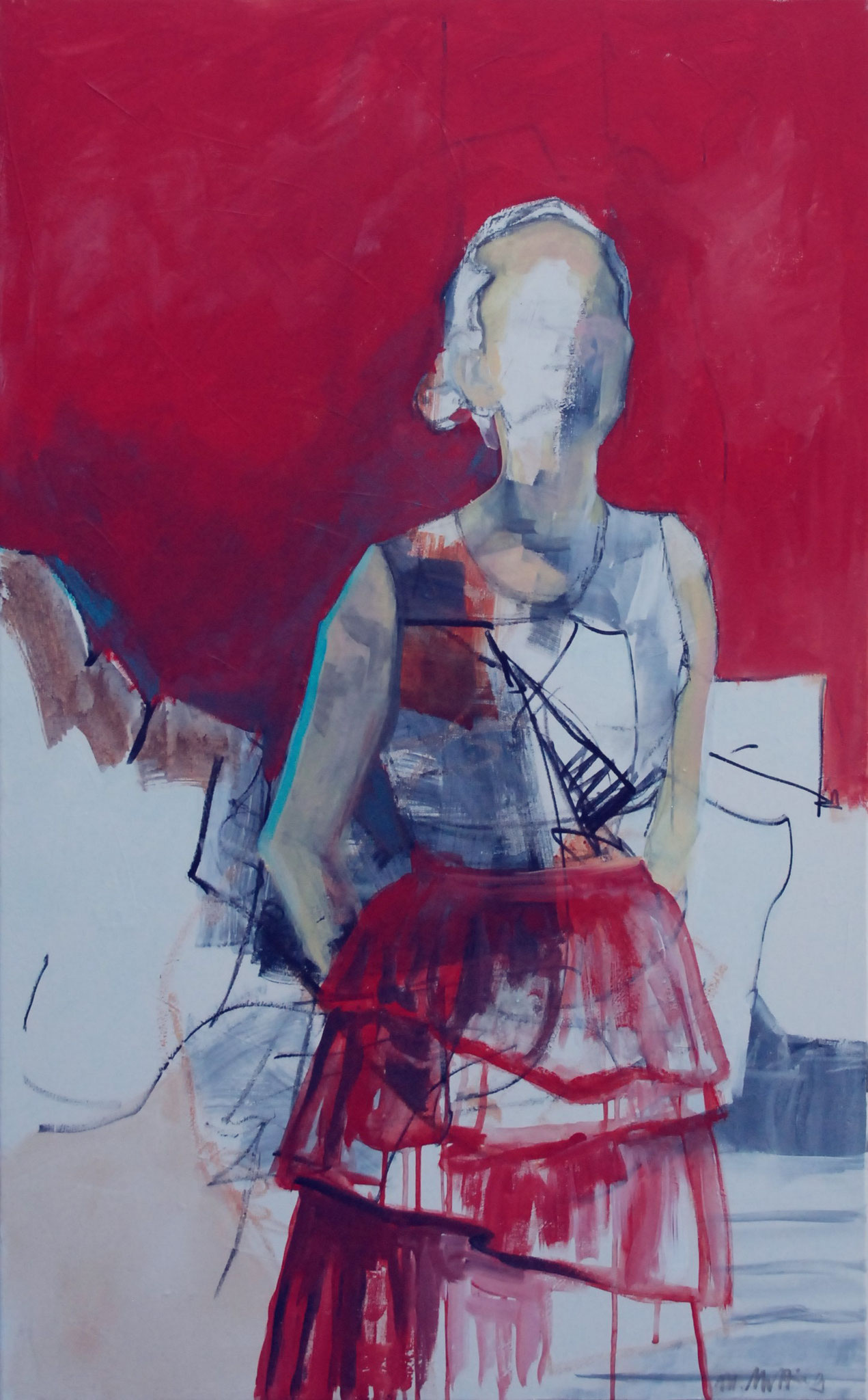 Figuratives Gemälde "Ich sehe was ...", Acryl, Edding, Kohle & Ölpastellkreiden auf Leinwand (105x65 cm). Abstrahierte Frauenfigur vor rotem Hintergrund.