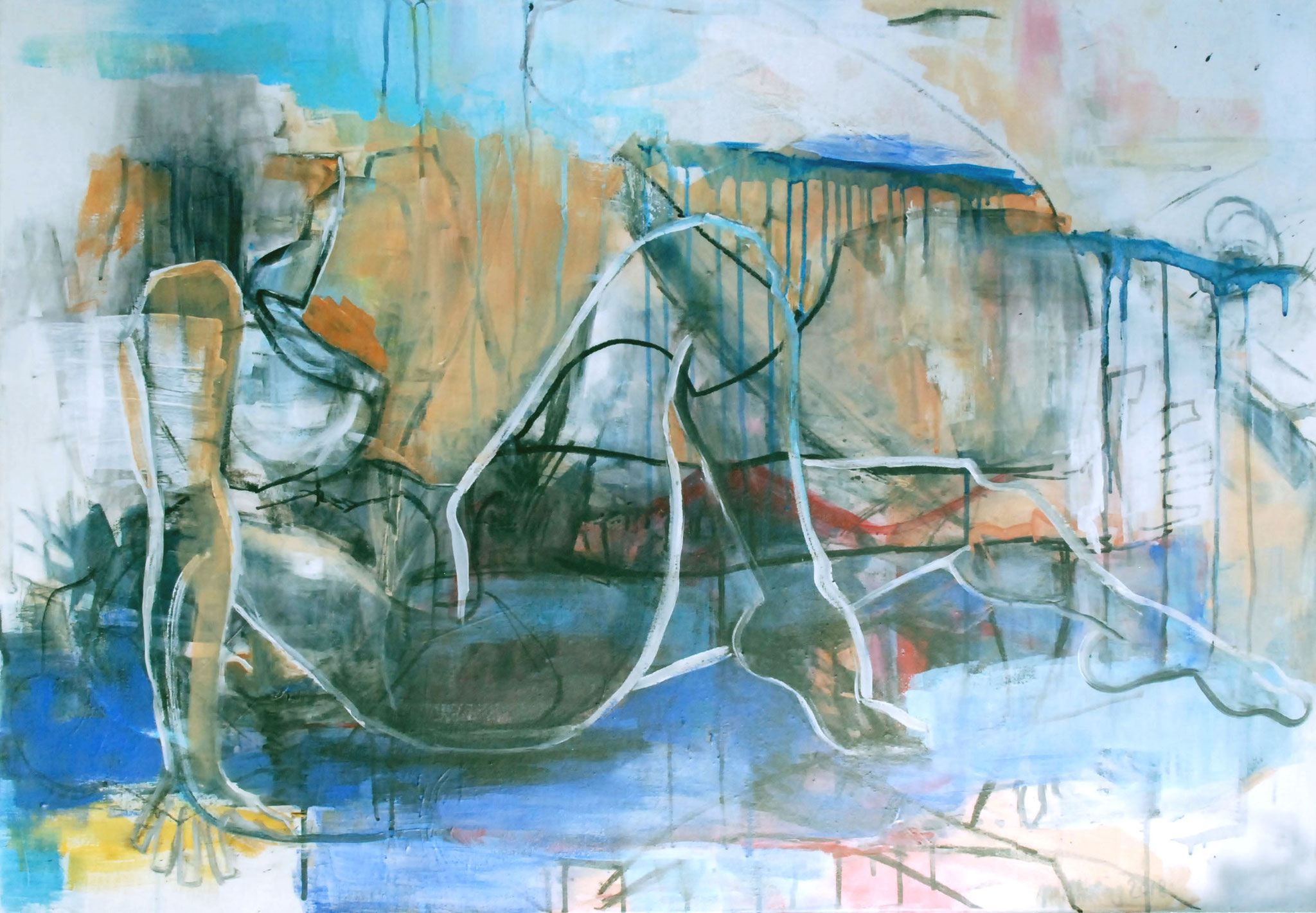 Figuratives Gemälde "Stretching", Mixed Media auf Leinwand (70x100 cm). Abstrahierte, gedehnte Körpersilhouetten im Querformat. Bild mit linearen Akten und organischen Formen in Grün, Blau und Orange.