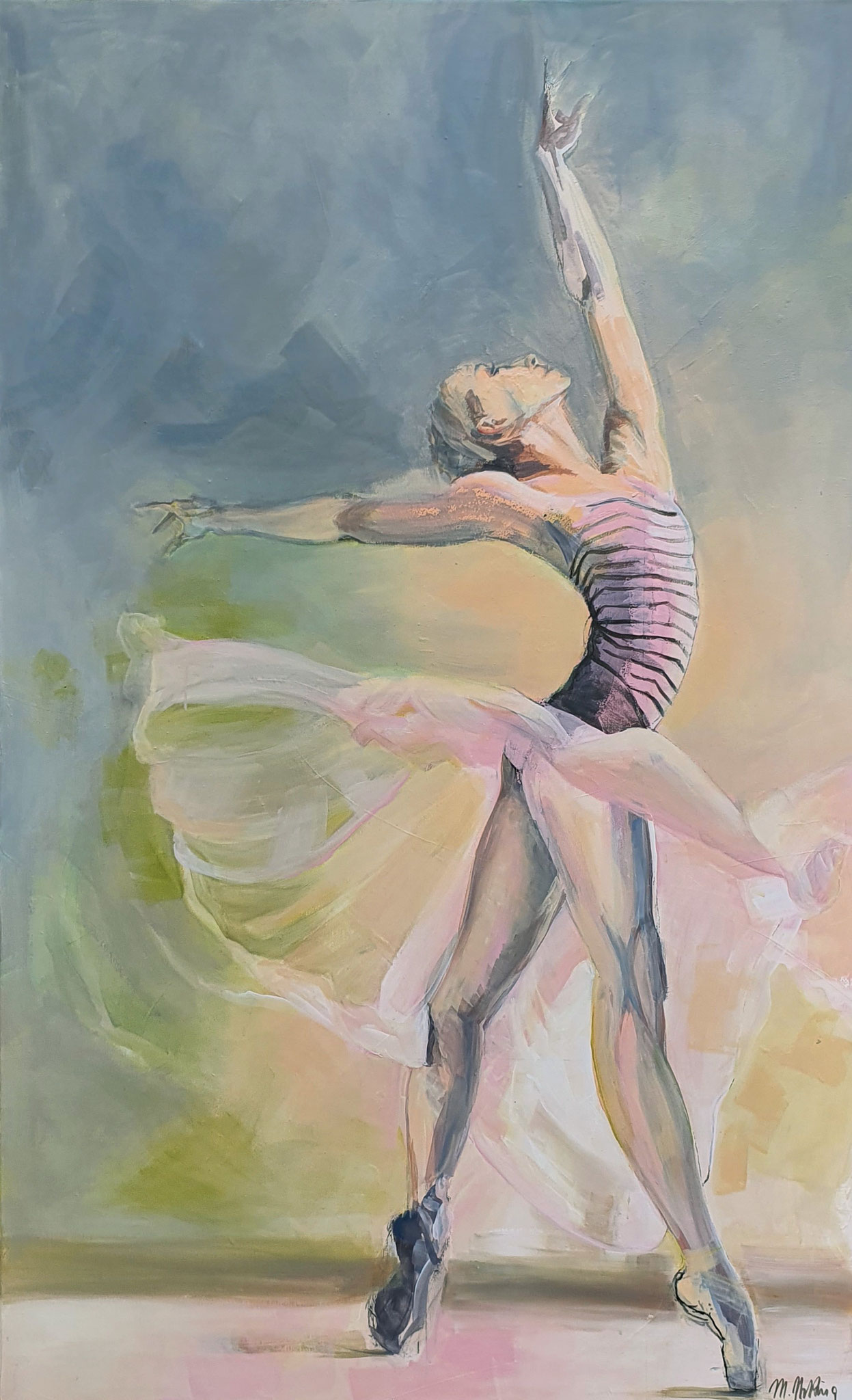 Figuratives Gemälde "Danse", Acryl auf Leinwand (130x80 cm). Eine Balletttänzerin in dynamischer Tanzpose mit nach oben gestrecktem Arm.