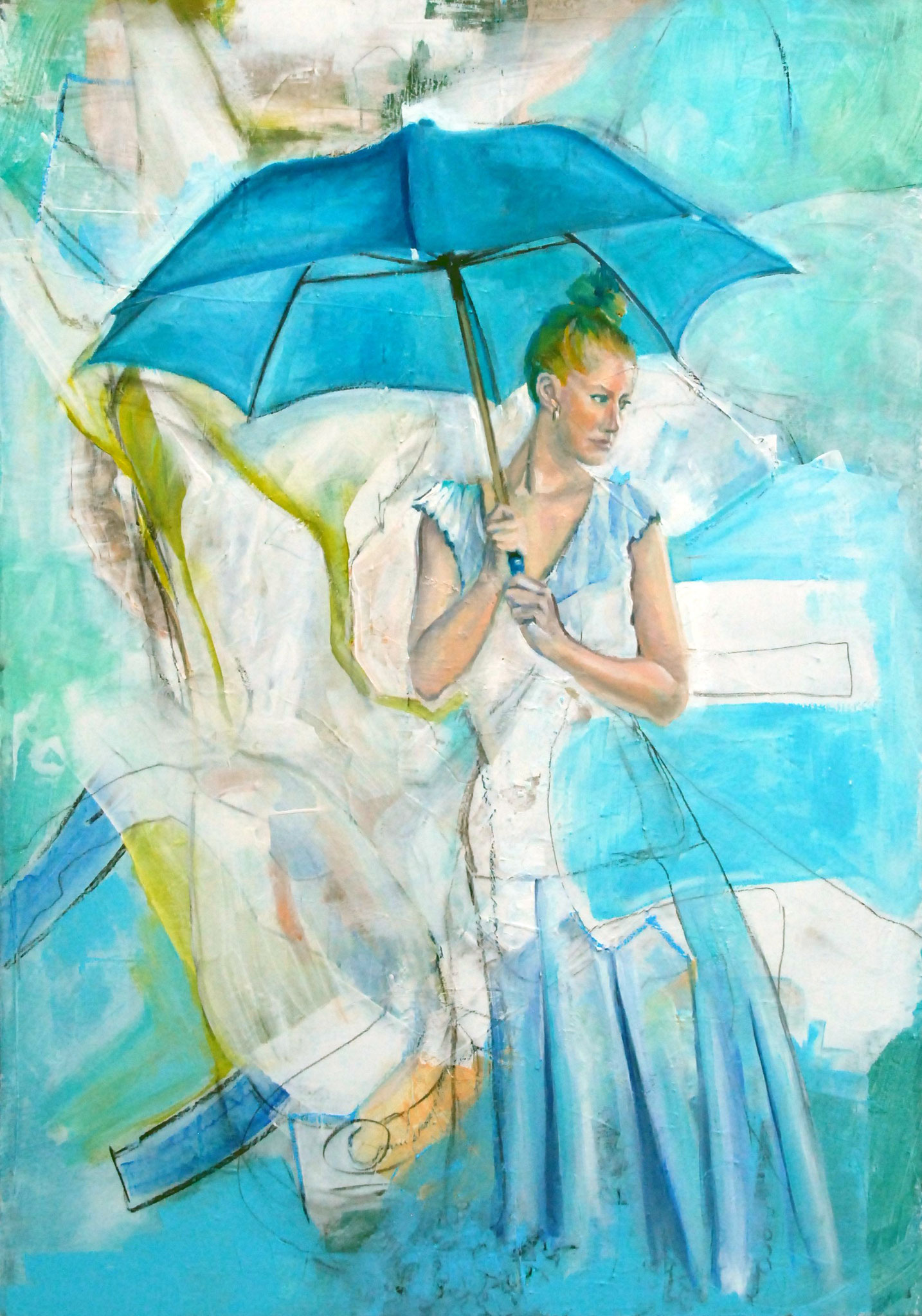 Figuratives Gemälde "Unterm Schirm", Öl, Acryl & Stifte auf Leinwand (100x70 cm). Eine Frau steht unter einem großen, blauen Regenschirm.