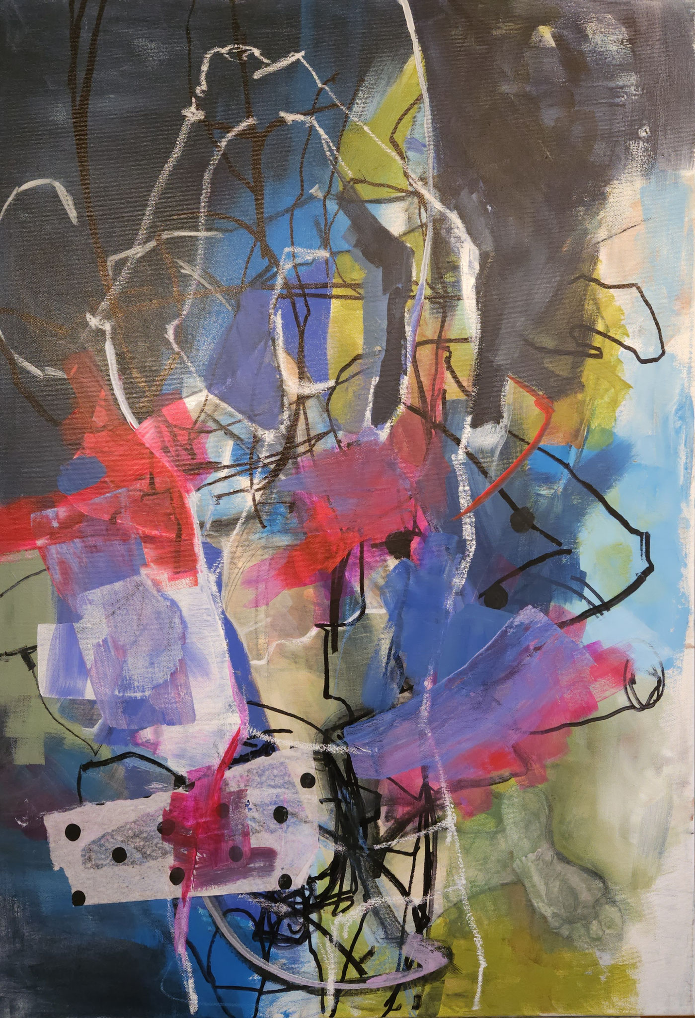Akt abstrakt, Acryl, Edding, Ölpastellkreide und Collage auf Leinwand, 100cm x 70cm