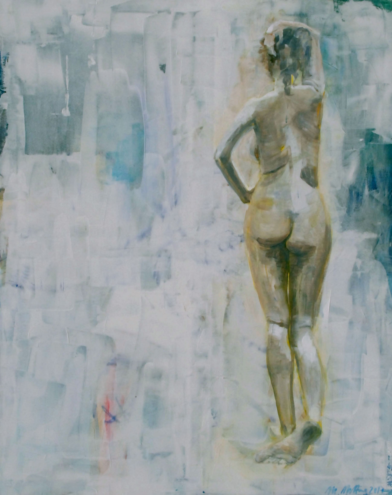Figuratives Gemälde "Stehender Akt", Mixed Media auf Leinwand (100x80 cm). Rückenansicht eines stehenden weiblichen Akts vor hellem Hintergrund.