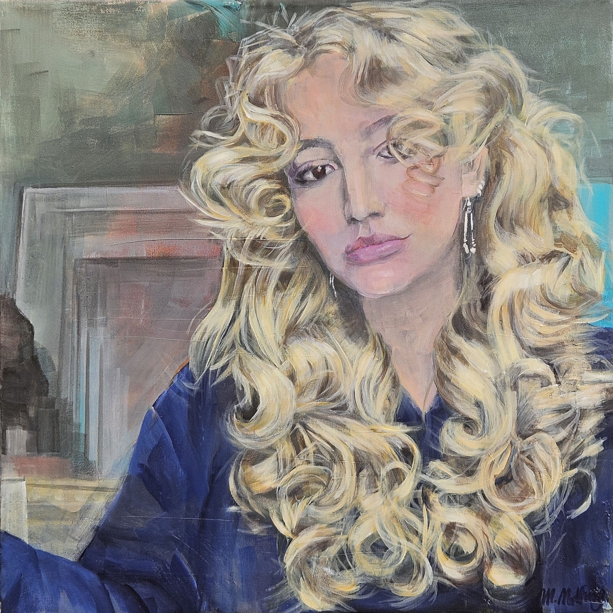 Figuratives Gemälde, "Curly Head", Acryl auf Leinwand (60x60 cm). Modernes Porträt einer Frau mit voluminösem, lockigem, blondem Haar. Farbintensive figurative Malerei.