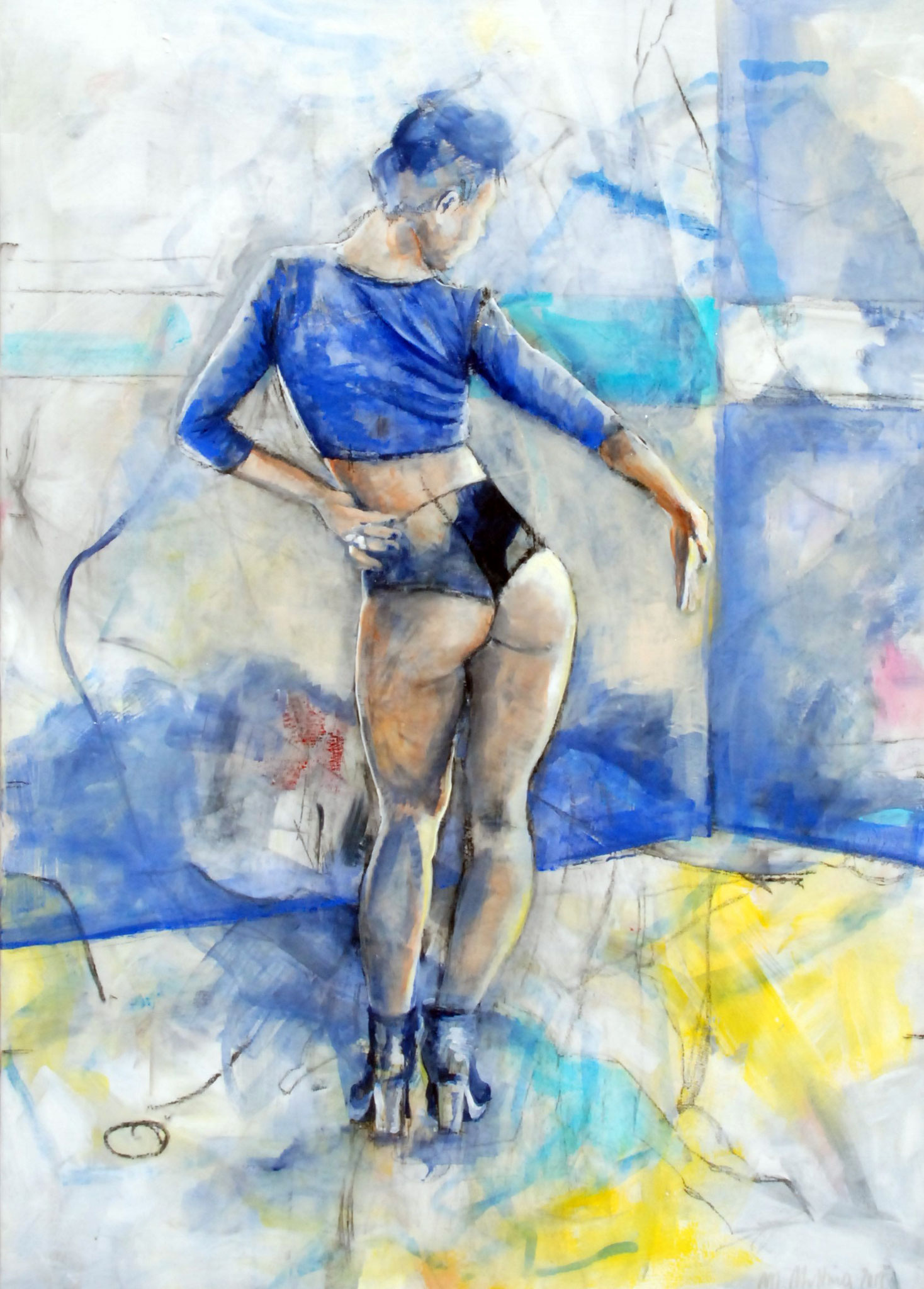 Figuratives Gemälde "Verlockung in Blau", Acryl & Stifte auf Leinwand (100x70 cm). Rückansicht einer stehenden Tänzerin oder Performerin im blauen Oberteil.